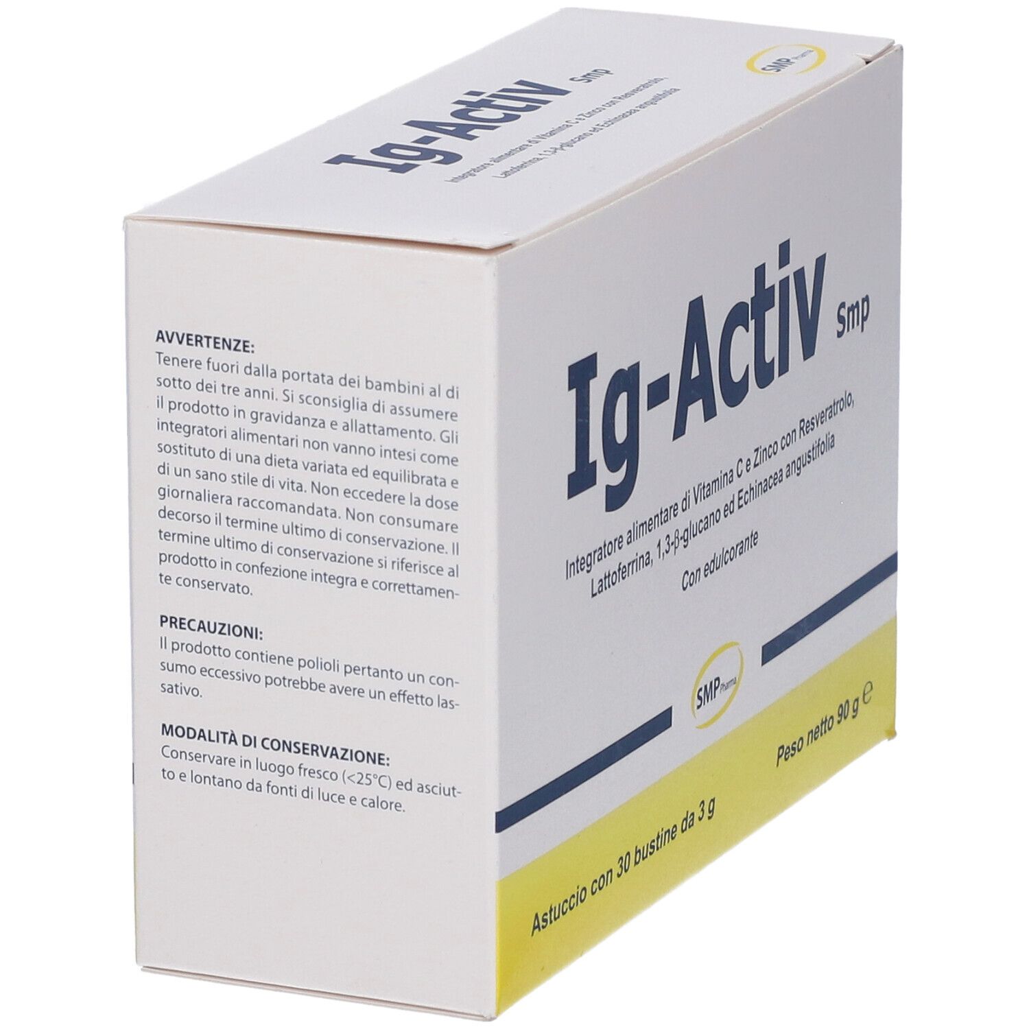 Scatola bianca, lato con testo. Contiene avvertenze e istruzioni di conservazione. Logo Ig-Activ in alto.