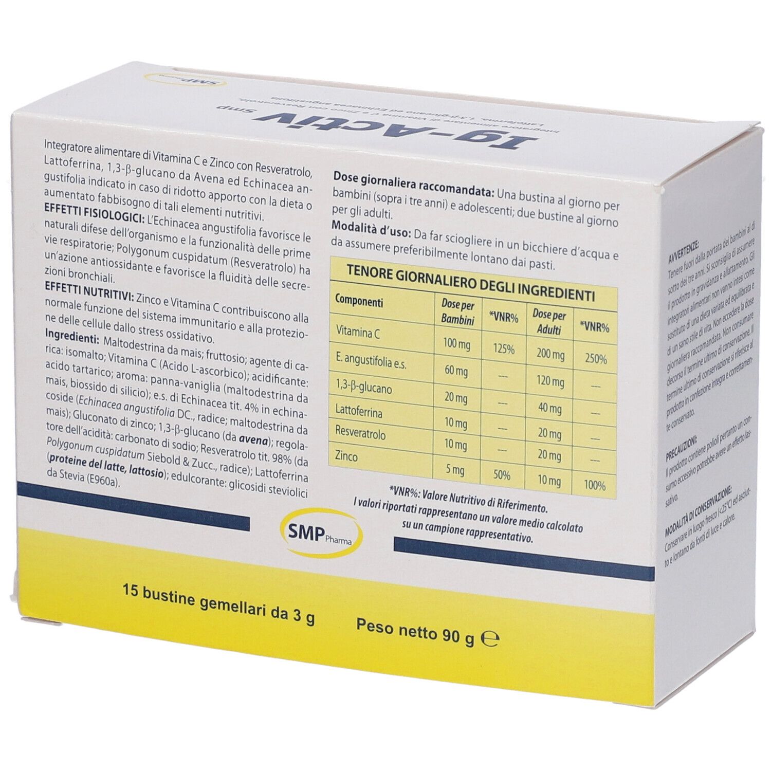 Scatola con testo e informazioni nutrizionali. Contiene informazioni sugli ingredienti e il dosaggio. Logo Ig-Activ.