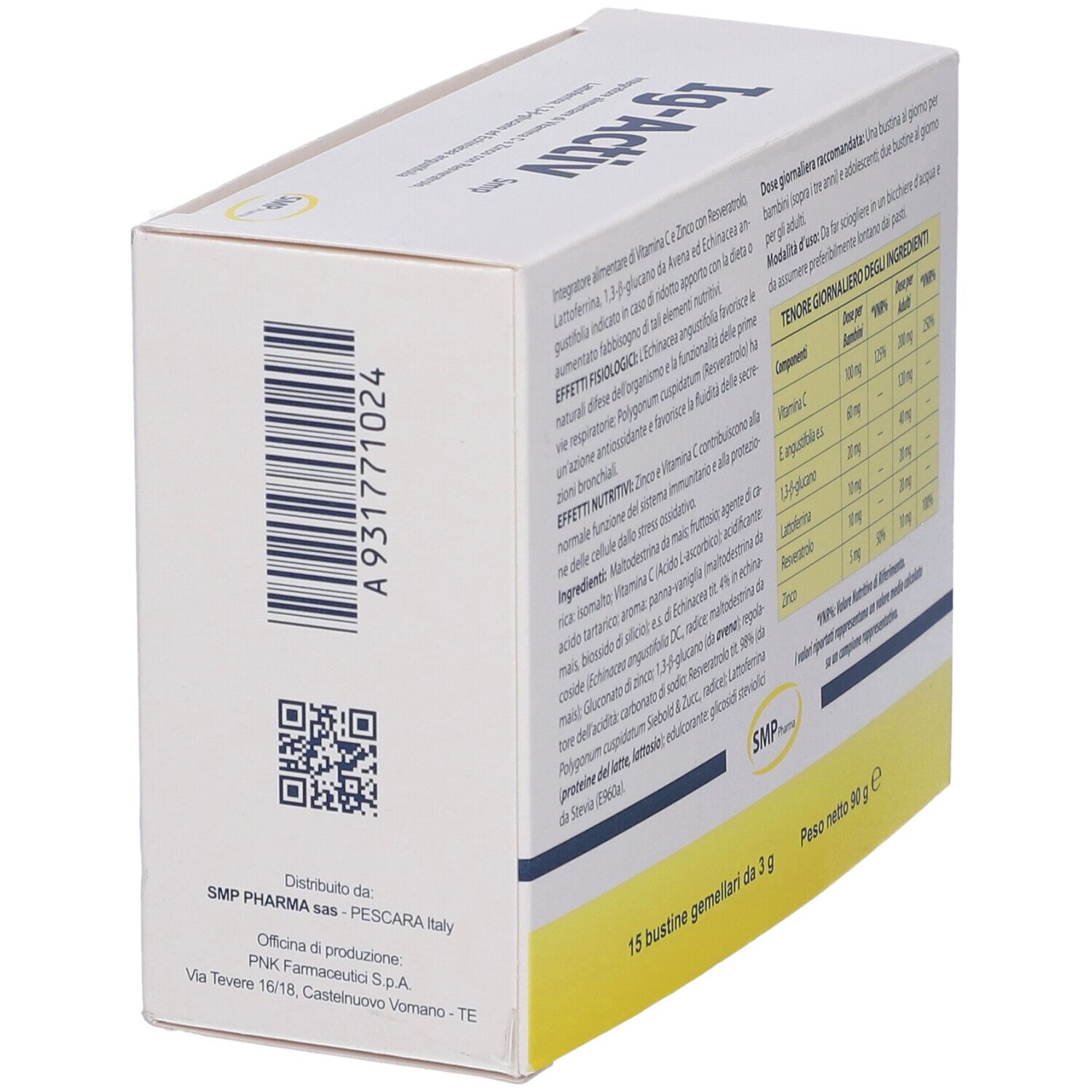 Retro della scatola con testo, codice QR e logo. Contiene informazioni sul produttore. Logo Ig-Activ.