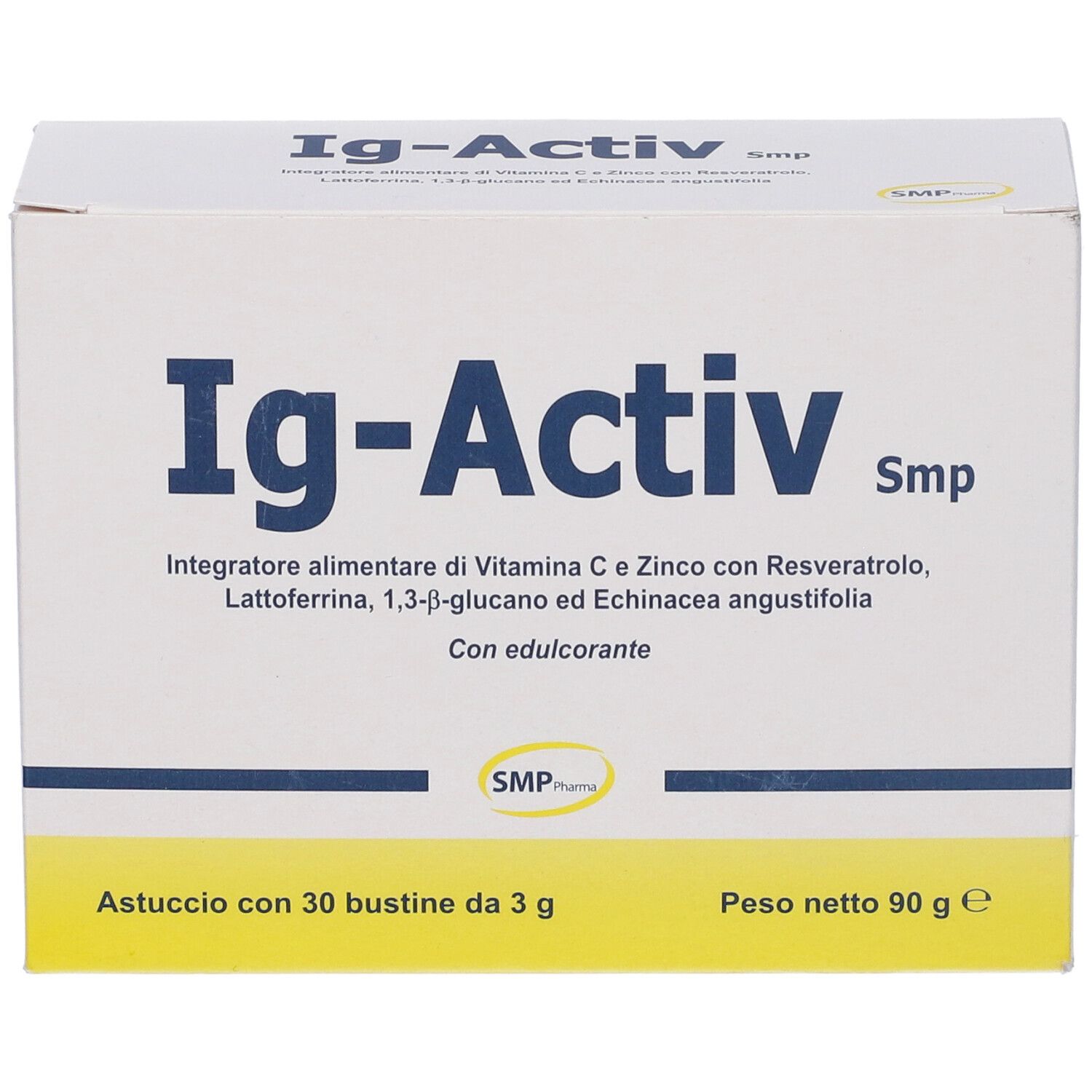 Scatola bianca Ig-Activ con testo blu. Contiene 30 bustine. Testo: Integratore alimentare di... con vitamina C, zinco.