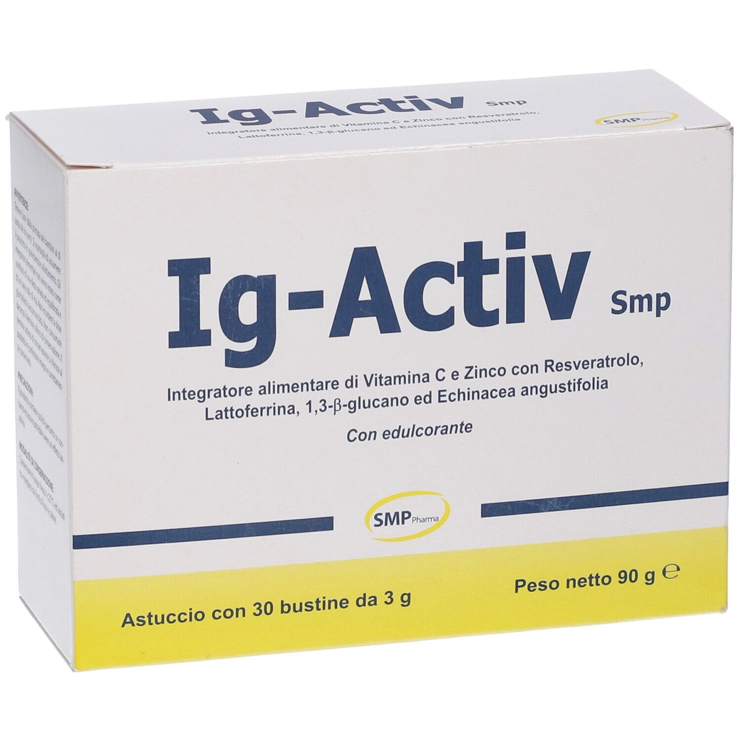 Scatola bianca Ig-Activ con testo blu. Contiene 30 bustine. Testo: Integratore alimentare di... con vitamina C, zinco.