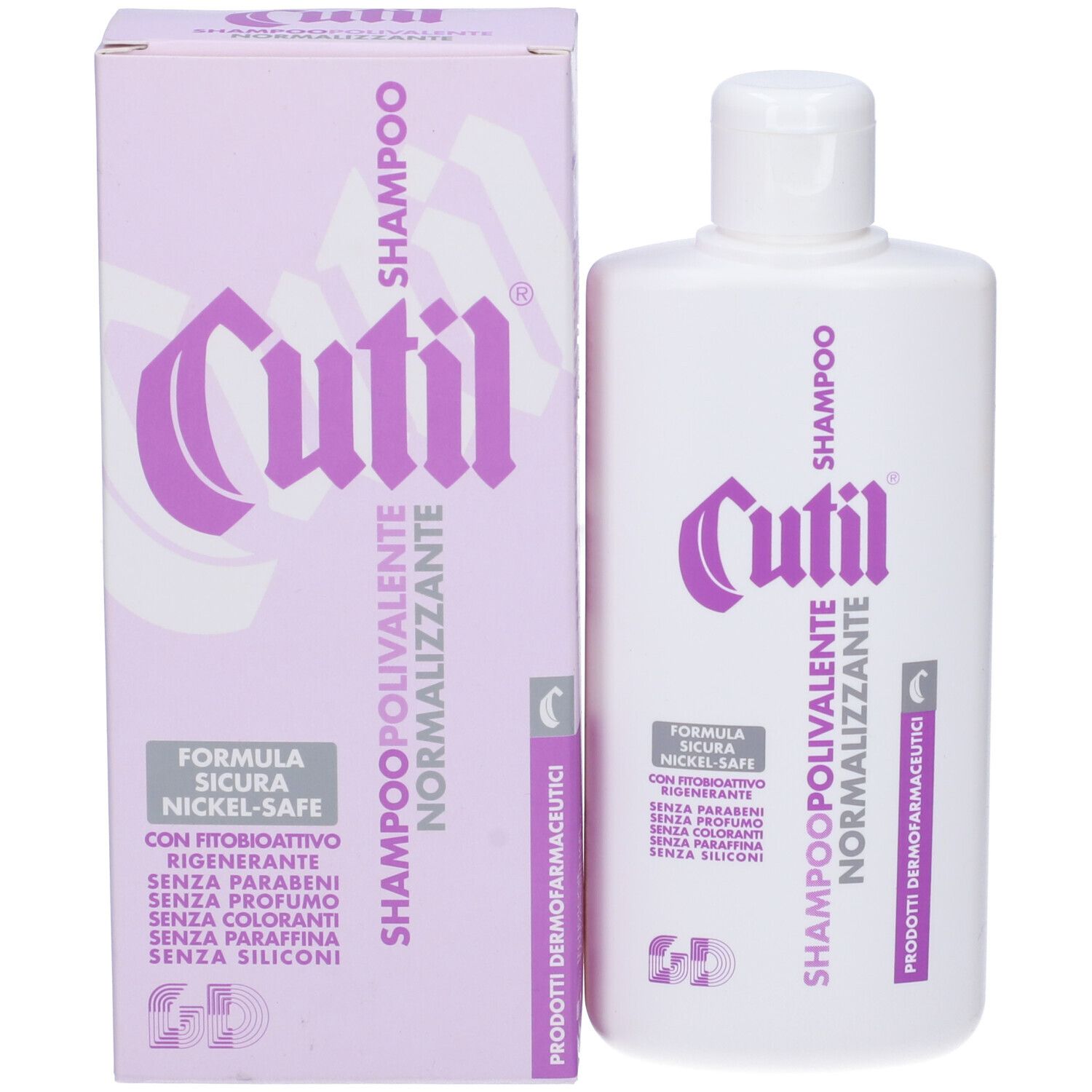 Confezione prodotto con flacone. Scatola e flacone con etichette viola. Testo: Cutil Shampoo Polivalente Normalizzante. Per capelli.