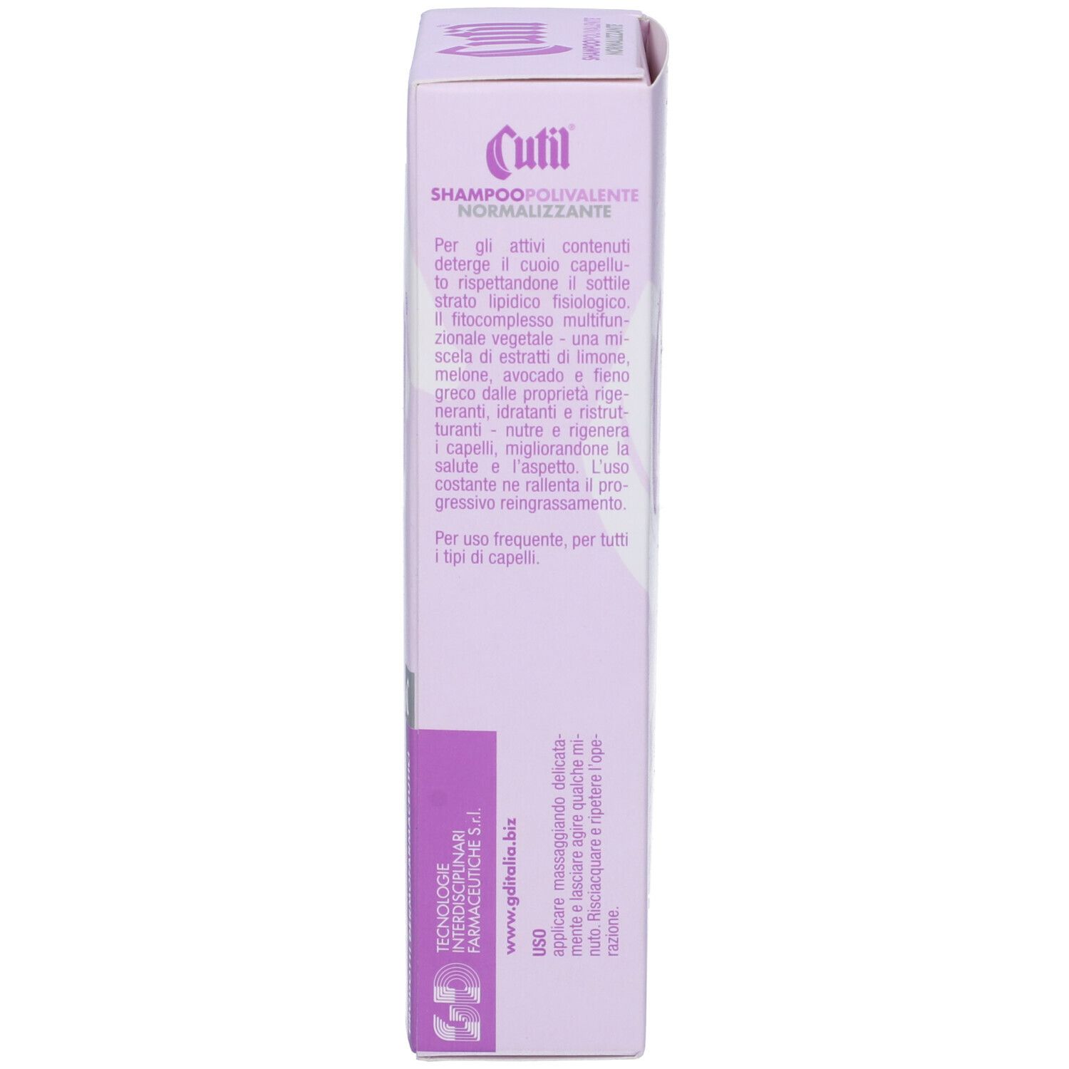 Vista laterale della confezione in cartone. Testo: Cutil Shampoo Polivalente Normalizzante. Ingredienti e informazioni produttore.