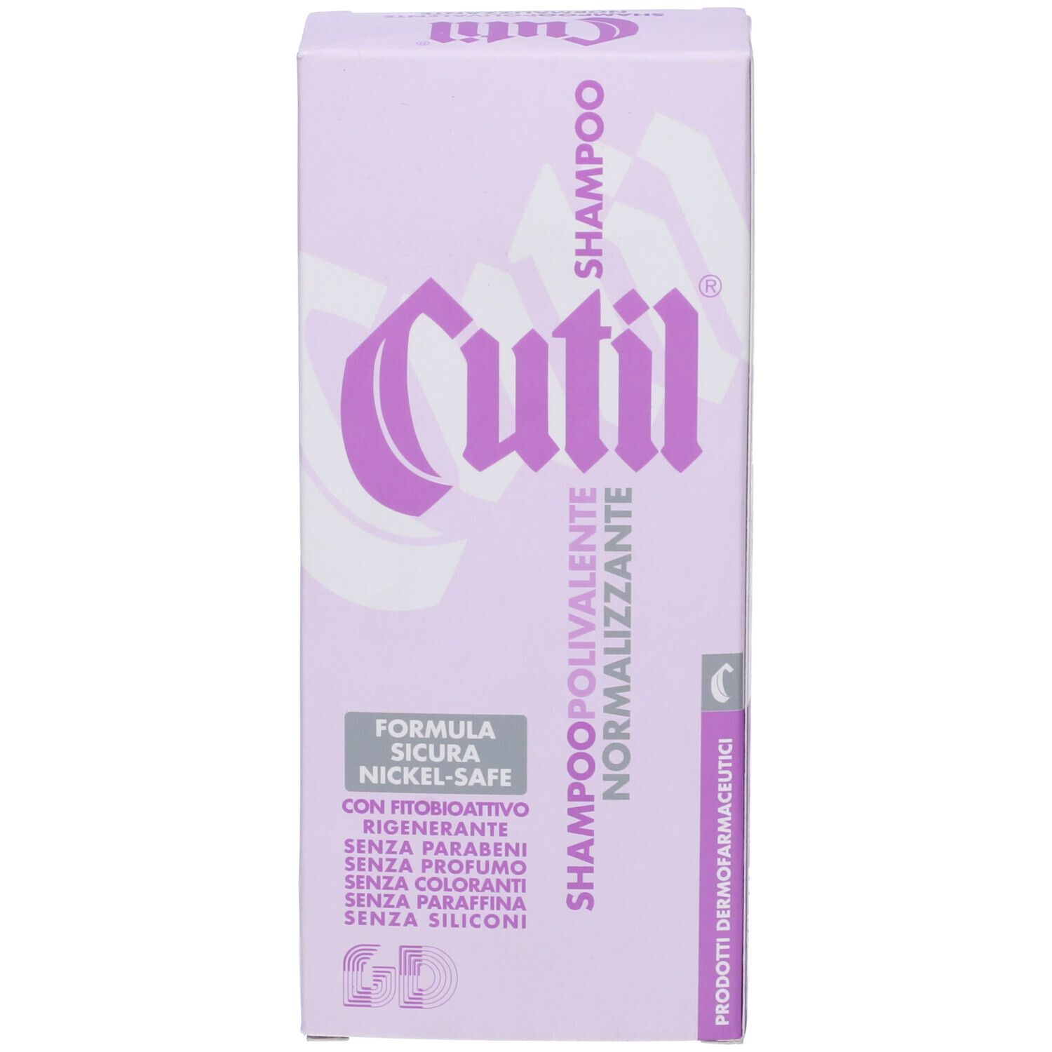 Confezione in cartone. Viola e bianco. Testo: Cutil Shampoo Polivalente Normalizzante. Prodotto per capelli. Ingredienti e info.