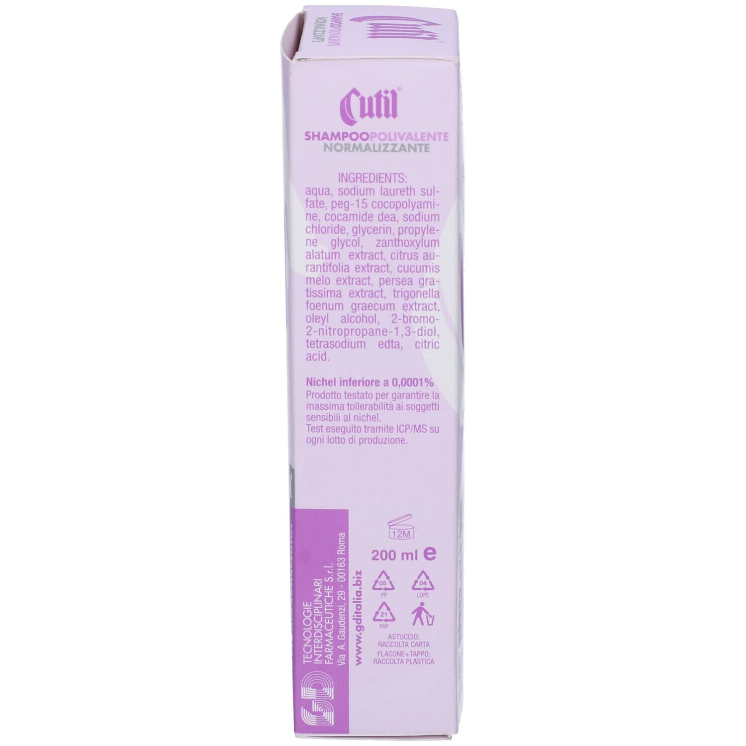 Vista laterale della confezione in cartone. Testo: Cutil Shampoo Polivalente Normalizzante. Ingredienti e informazioni produttore.
