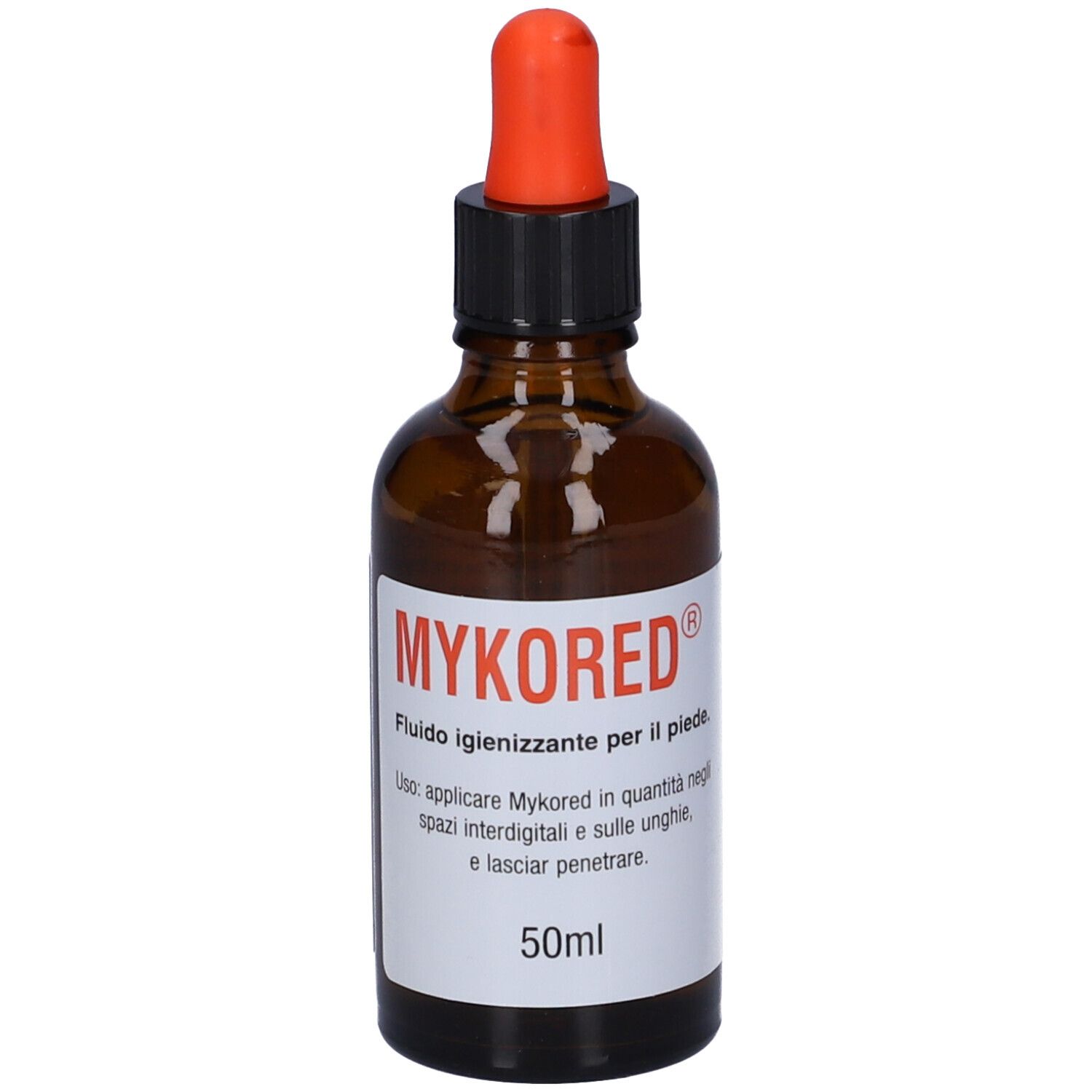 Flacone di vetro marrone con contagocce rosso. Scritta: MYKORED, Fluido igienizzante per il piede, 50ml.