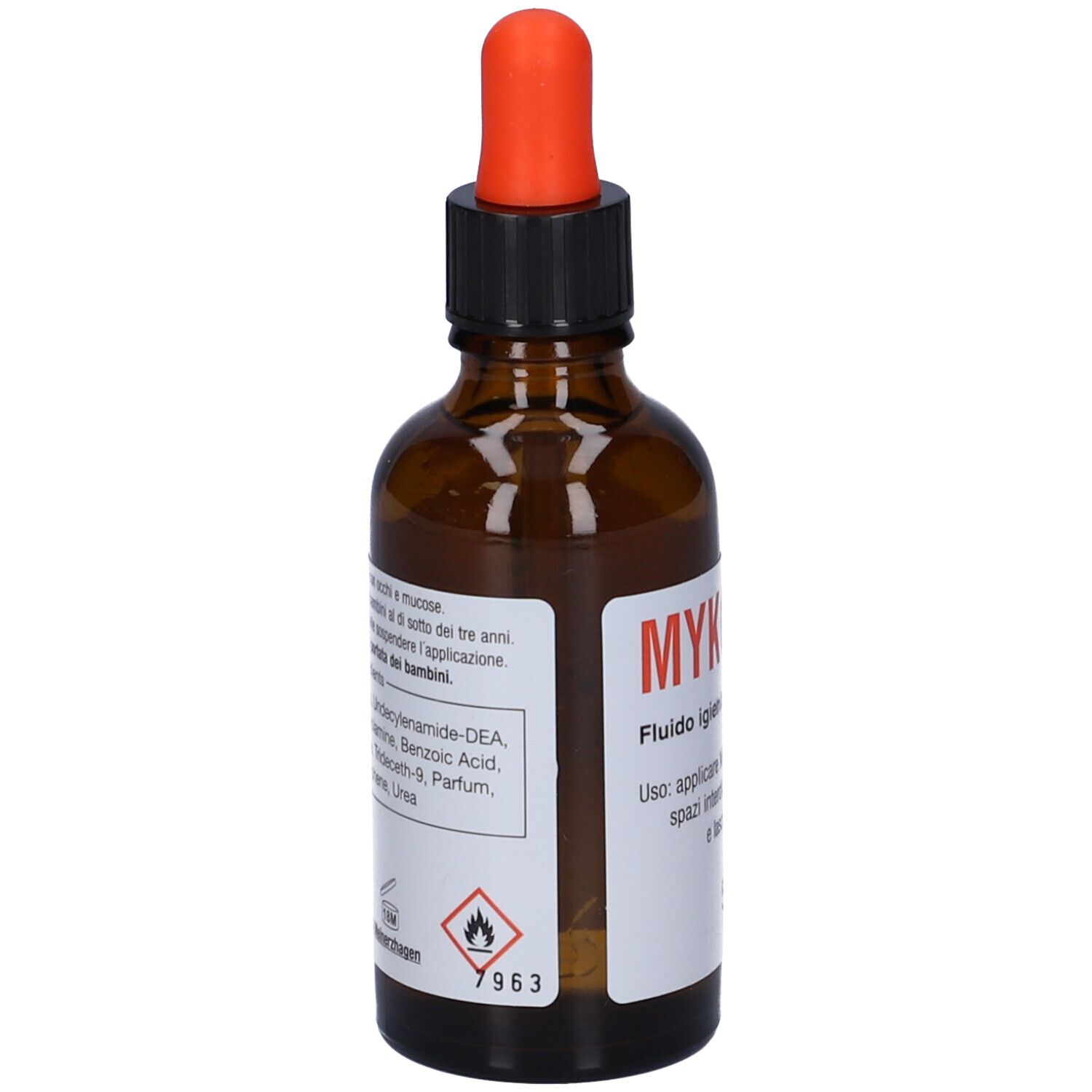 Flacone di vetro marrone con contagocce rosso. Scritta: MYKORED, Fluido igienizzante per il piede, 50ml.