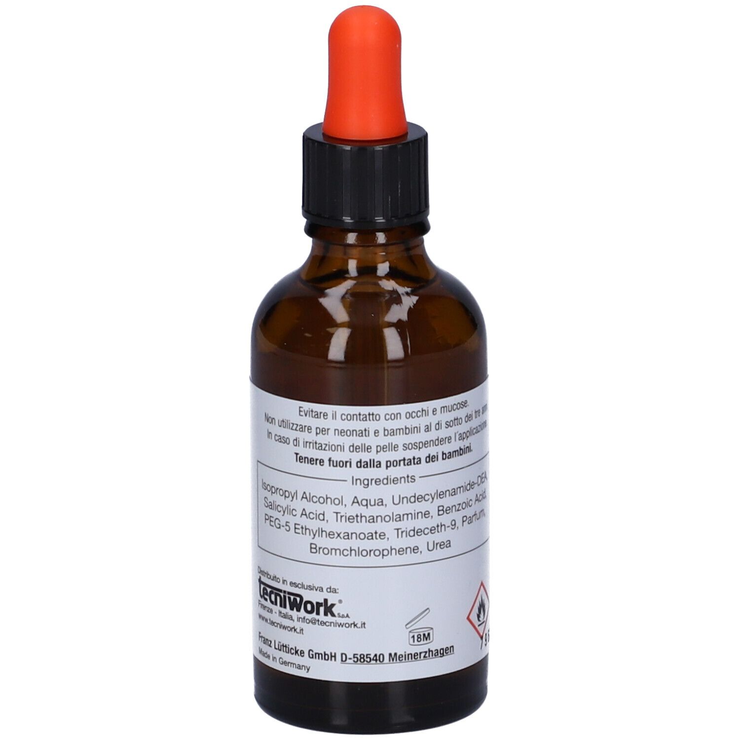 Flacone di vetro marrone con contagocce rosso. Scritta: MYKORED, Fluido igienizzante per il piede, 50ml.