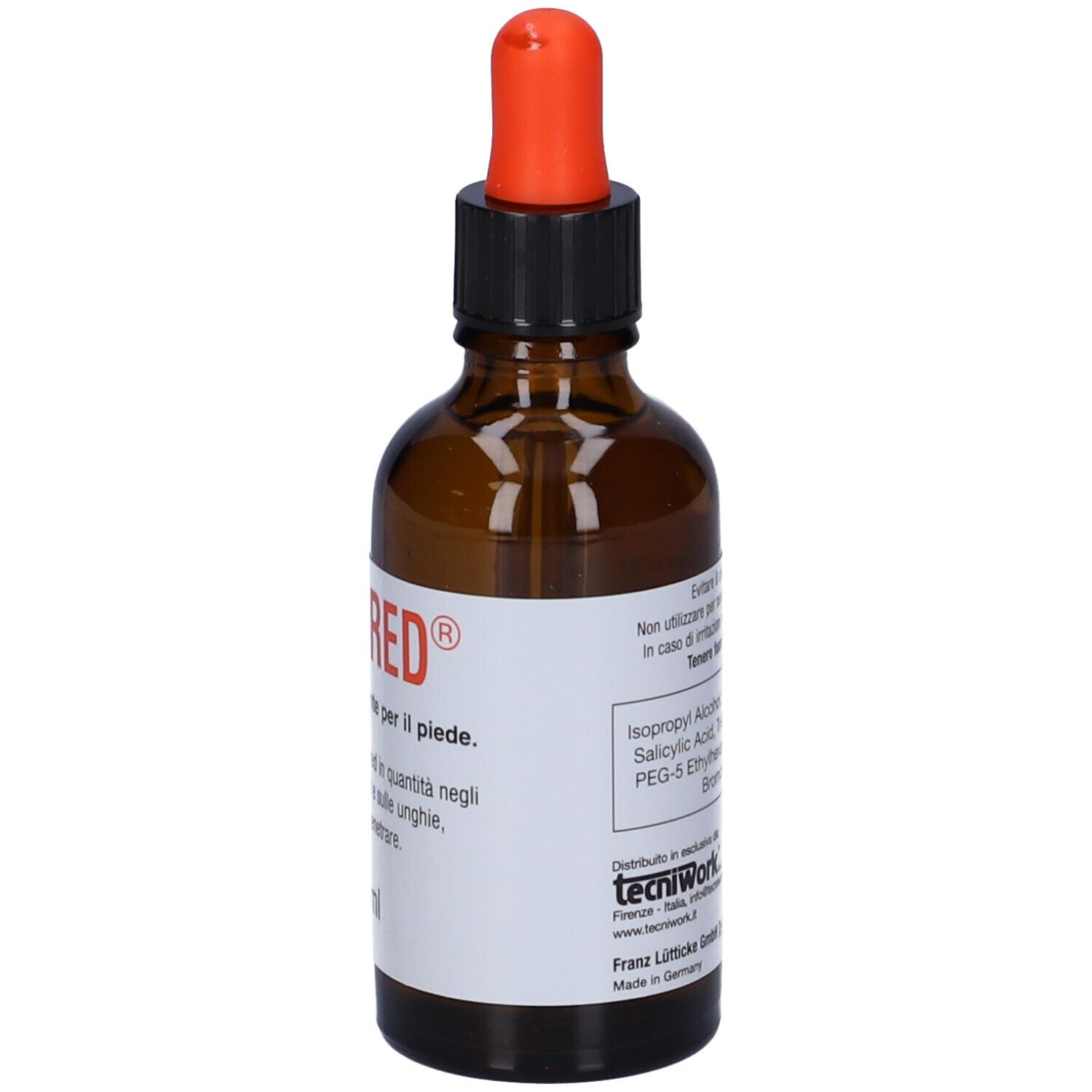 Flacone di vetro marrone con contagocce rosso. Scritta: MYKORED, Fluido igienizzante per il piede, 50ml.