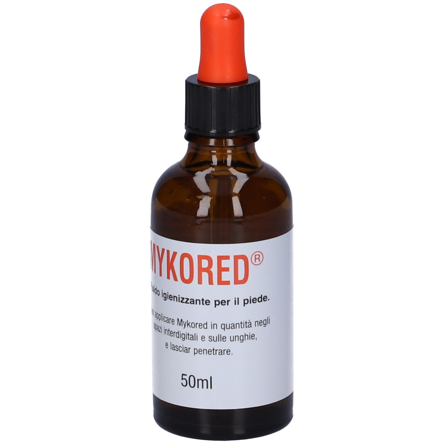 Flacone di vetro marrone con contagocce rosso. Scritta: MYKORED, Fluido igienizzante per il piede, 50ml.
