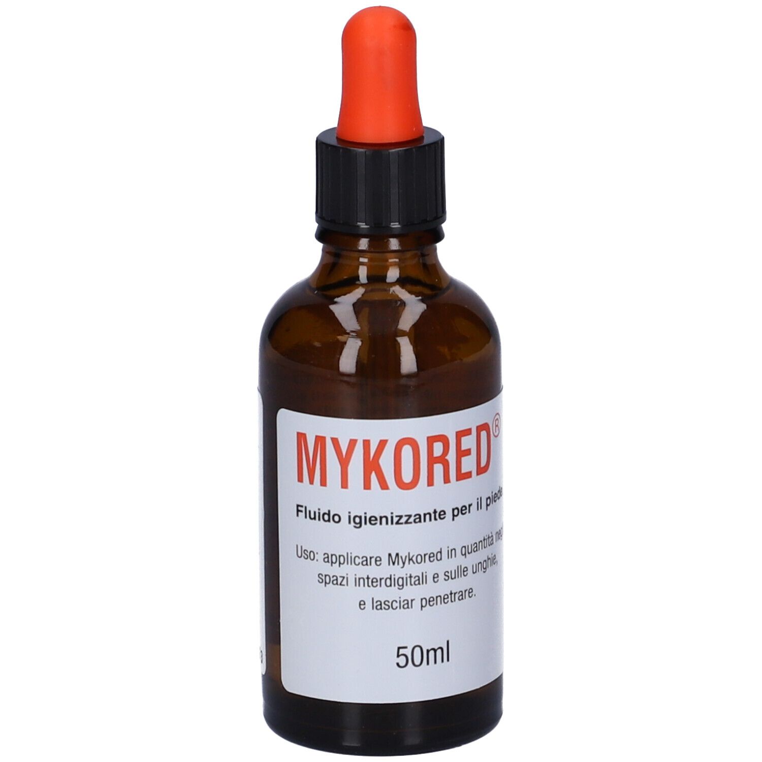 Flacone di vetro marrone con contagocce rosso. Scritta: MYKORED, Fluido igienizzante per il piede, 50ml.