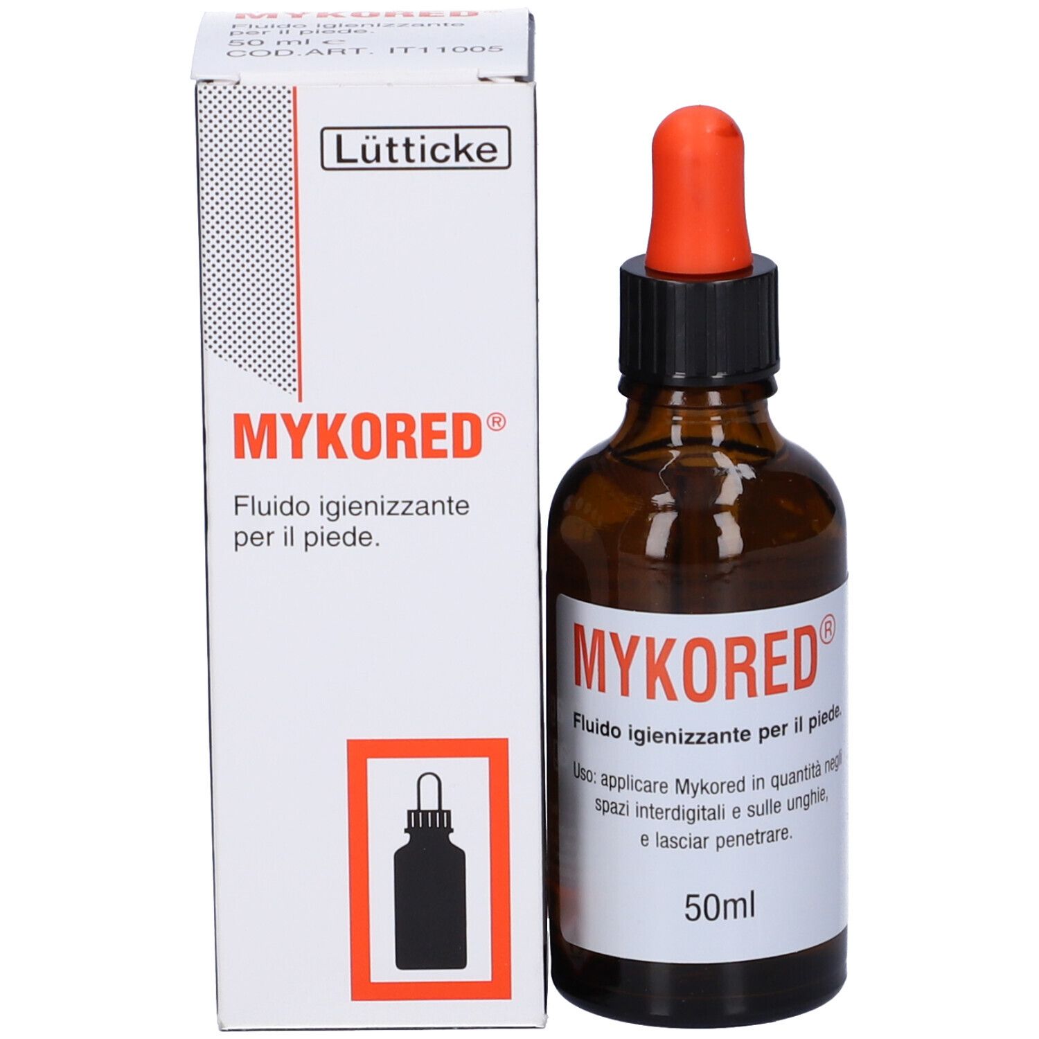 Flacone di vetro marrone con contagocce rosso e scatola. Scritta: MYKORED, 50ml.