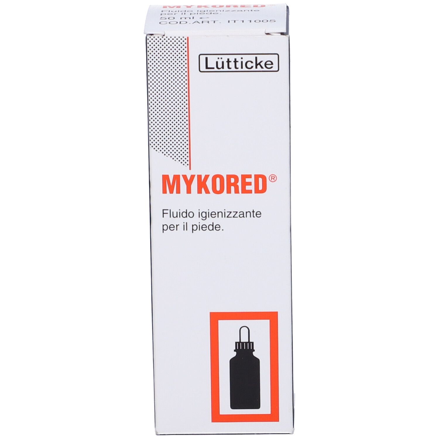 Scatola con scritta: MYKORED, Fluido igienizzante per il piede. Illustrazione di un flacone.