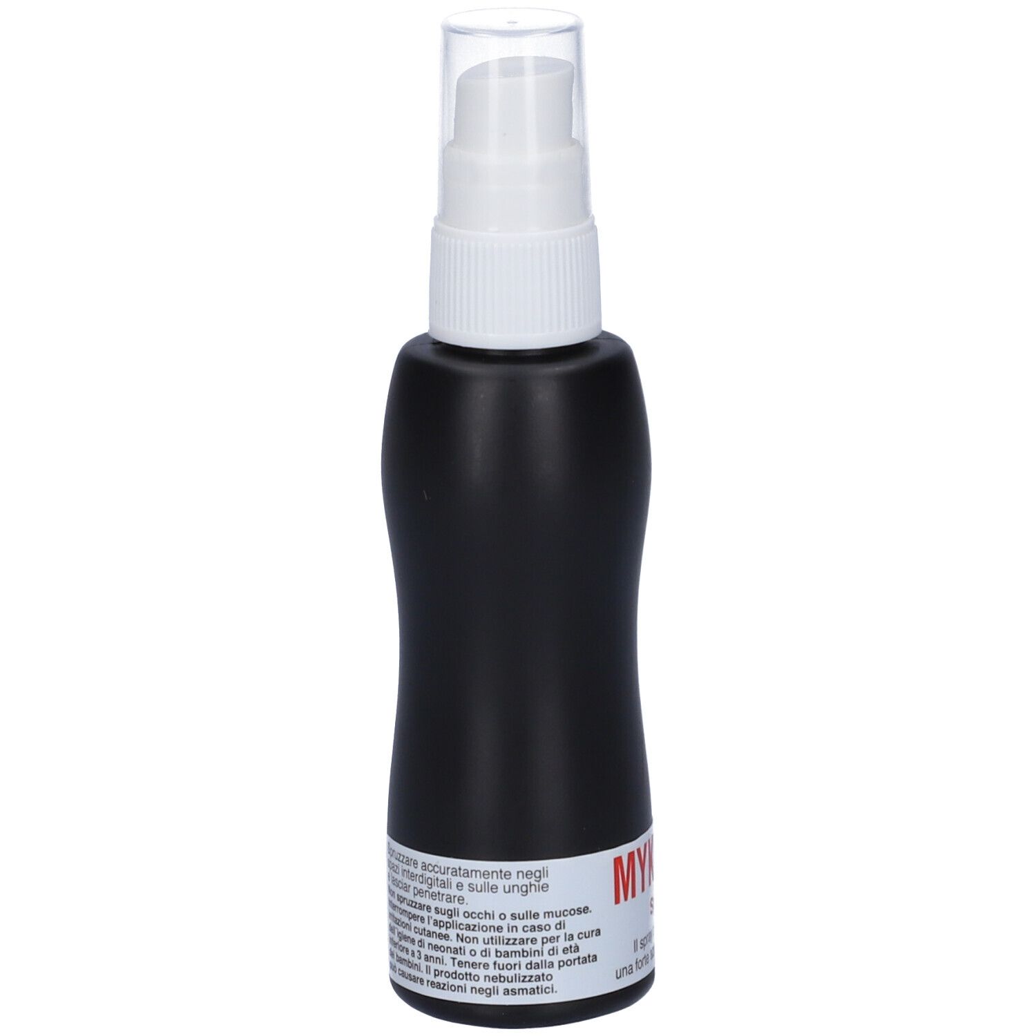 Flacone spray nero con erogatore bianco. Testo in italiano. Avvertenze sul retro.