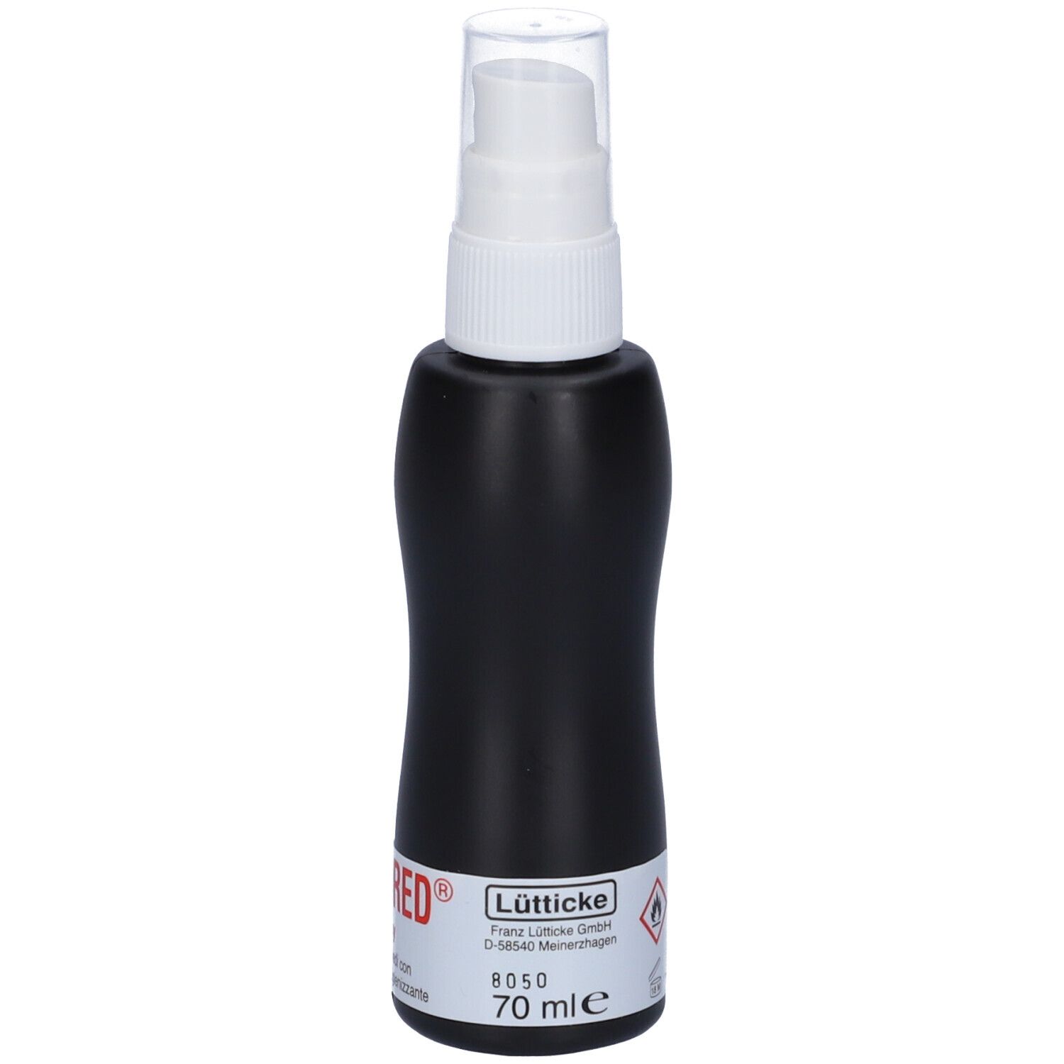 Flacone spray nero con erogatore bianco. Nome prodotto: MYKORED Spray. Volume: 70 ml.