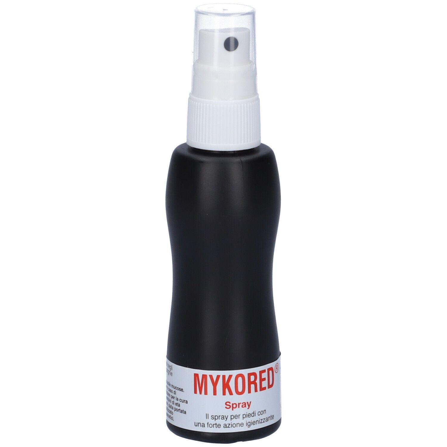 Flacone spray nero con erogatore bianco. Nome prodotto: MYKORED Spray. Volume: 70 ml.