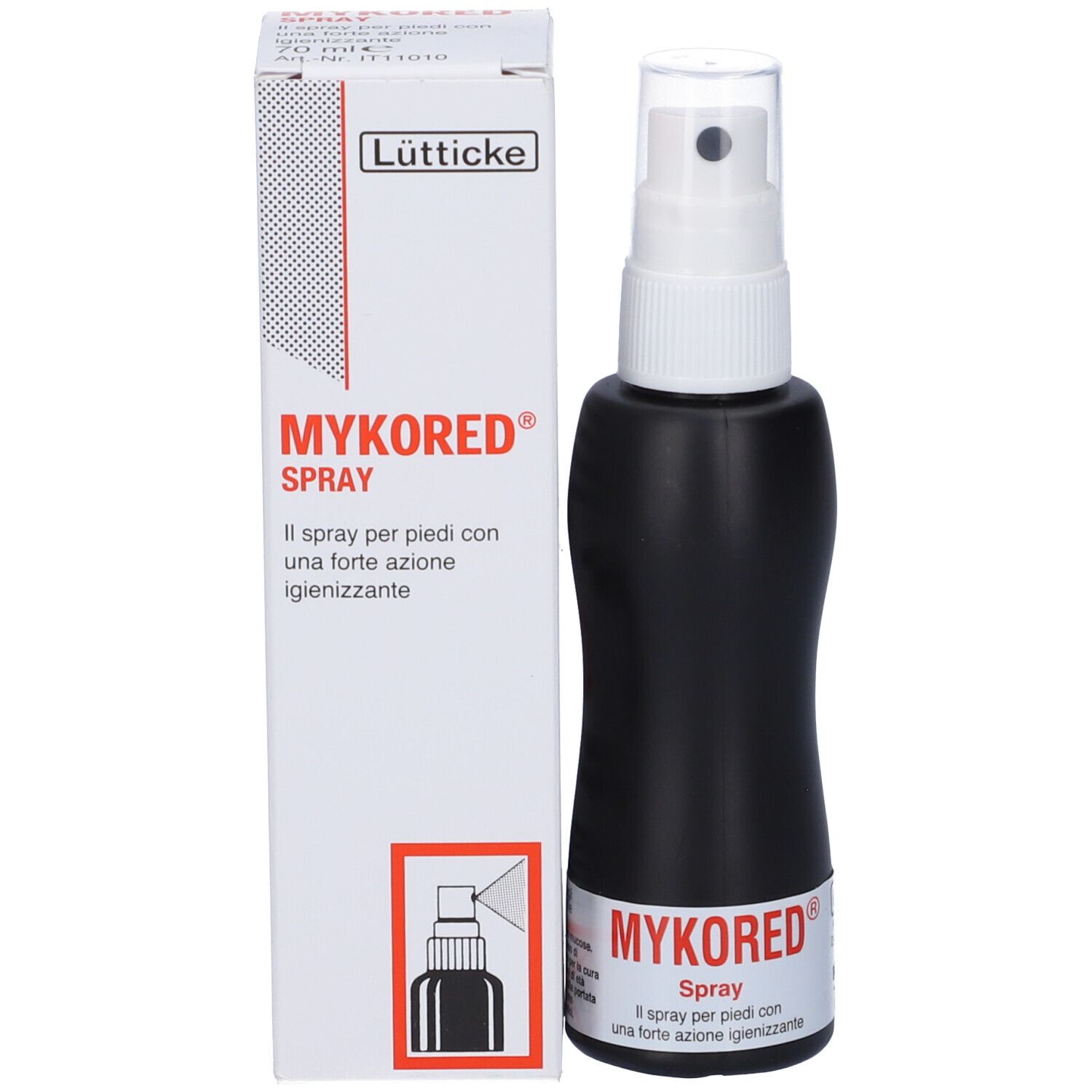 Confezione del prodotto: scatola con flacone spray nero. Nome prodotto: MYKORED Spray. Testo in italiano.