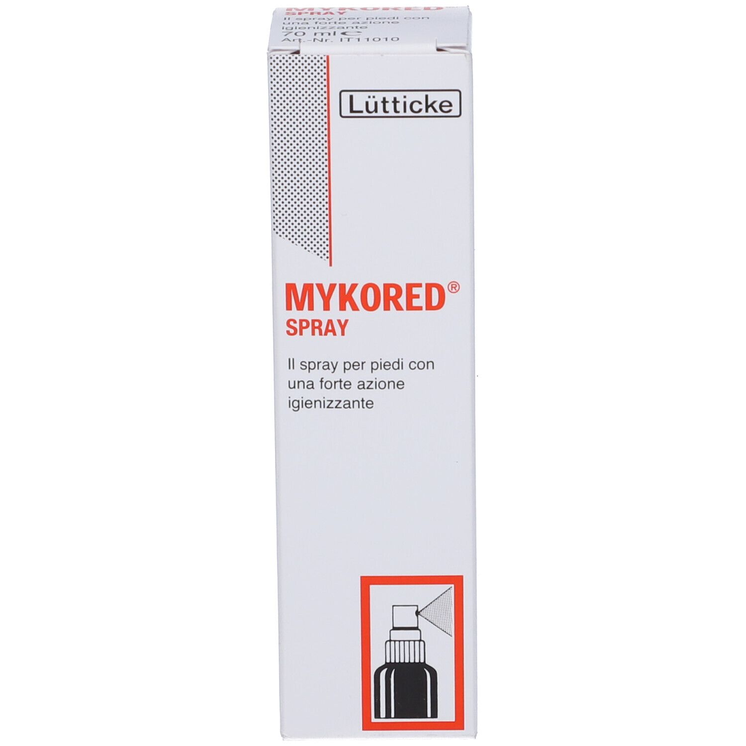 Confezione del prodotto: scatola con nome prodotto: MYKORED Spray. Testo in italiano. Illustrazione.