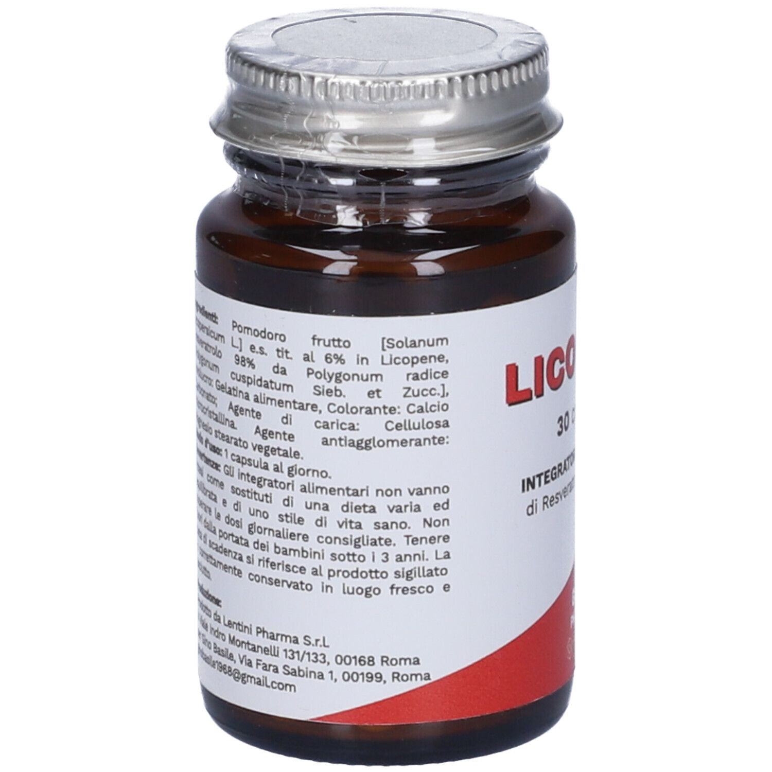 Flacone di vetro marrone con tappo argentato. Testo su etichetta bianca. Elenco ingredienti e informazioni produttore. Vista posteriore.