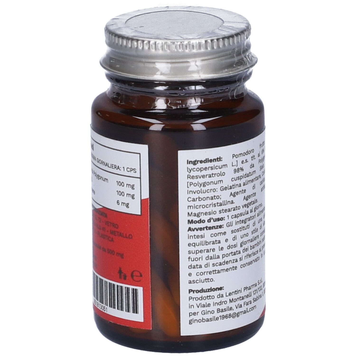 Flacone di vetro marrone con tappo argentato. Vista dettagliata dell'elenco ingredienti e dei componenti. Vista posteriore.