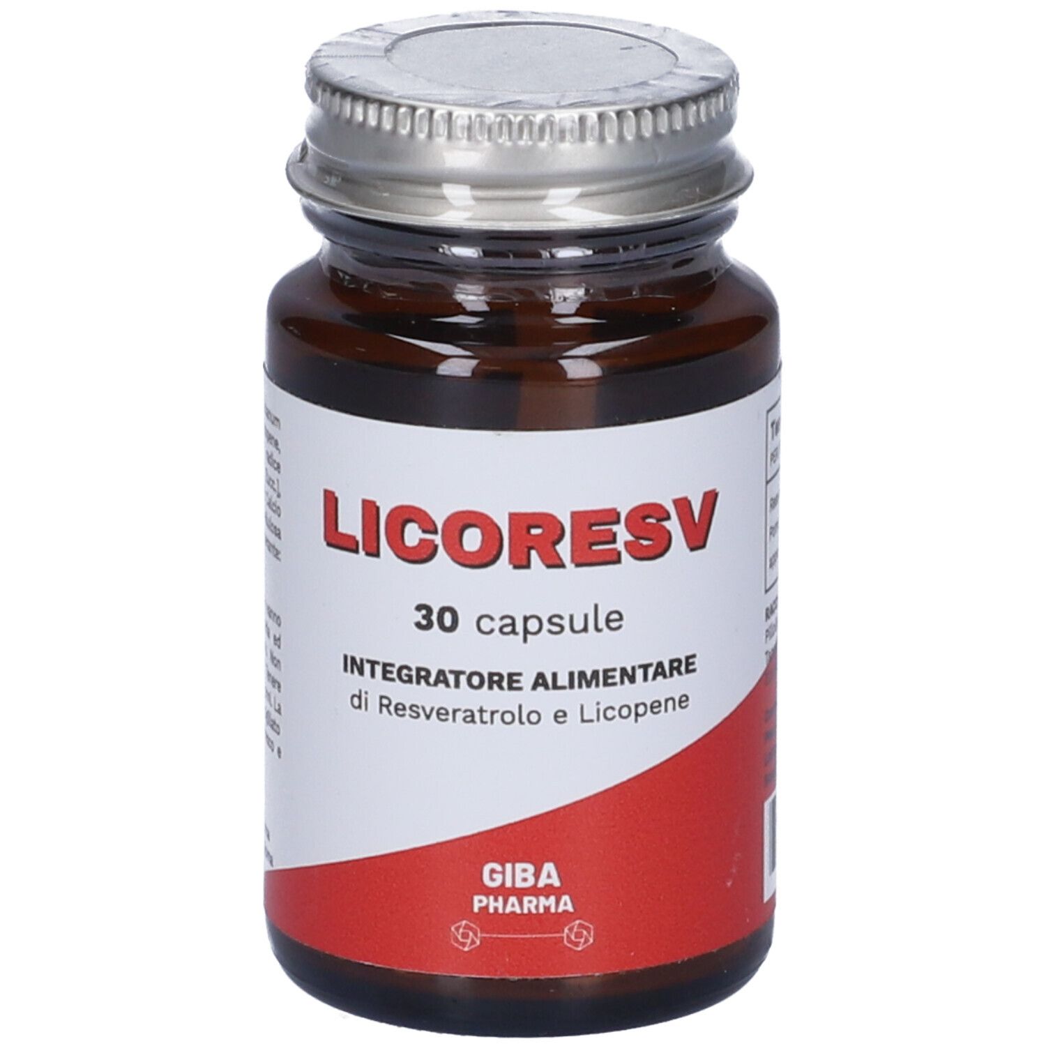 Flacone di vetro marrone con tappo argentato. Scritta: Licoresv, 30 capsule. Etichetta rossa con testo. Logo GIBA Pharma.