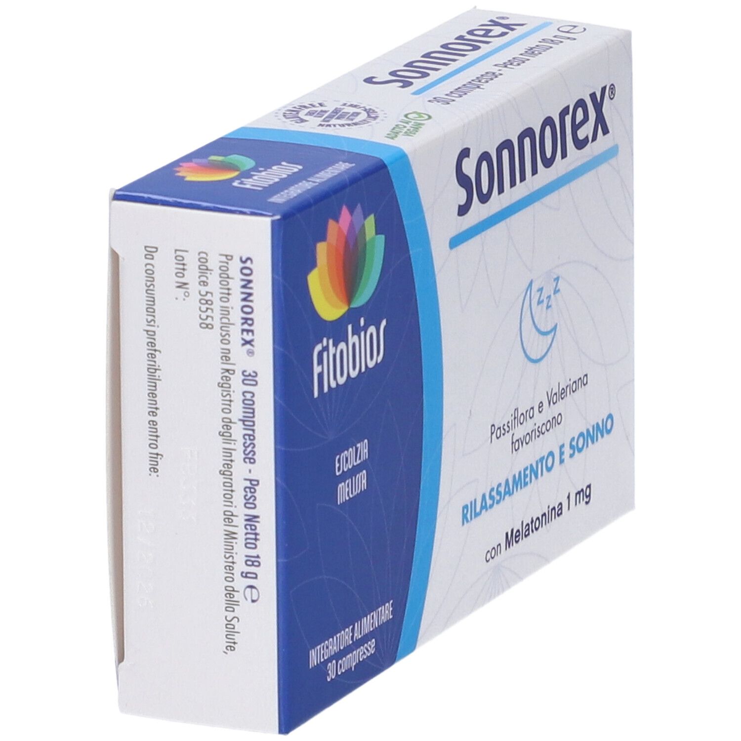 Confezione angolata di compresse Sonnorex. Scritto: Passiflora e Valeriana favoriscono il rilassamento e il sonno. Contiene Melatonina 1 mg.