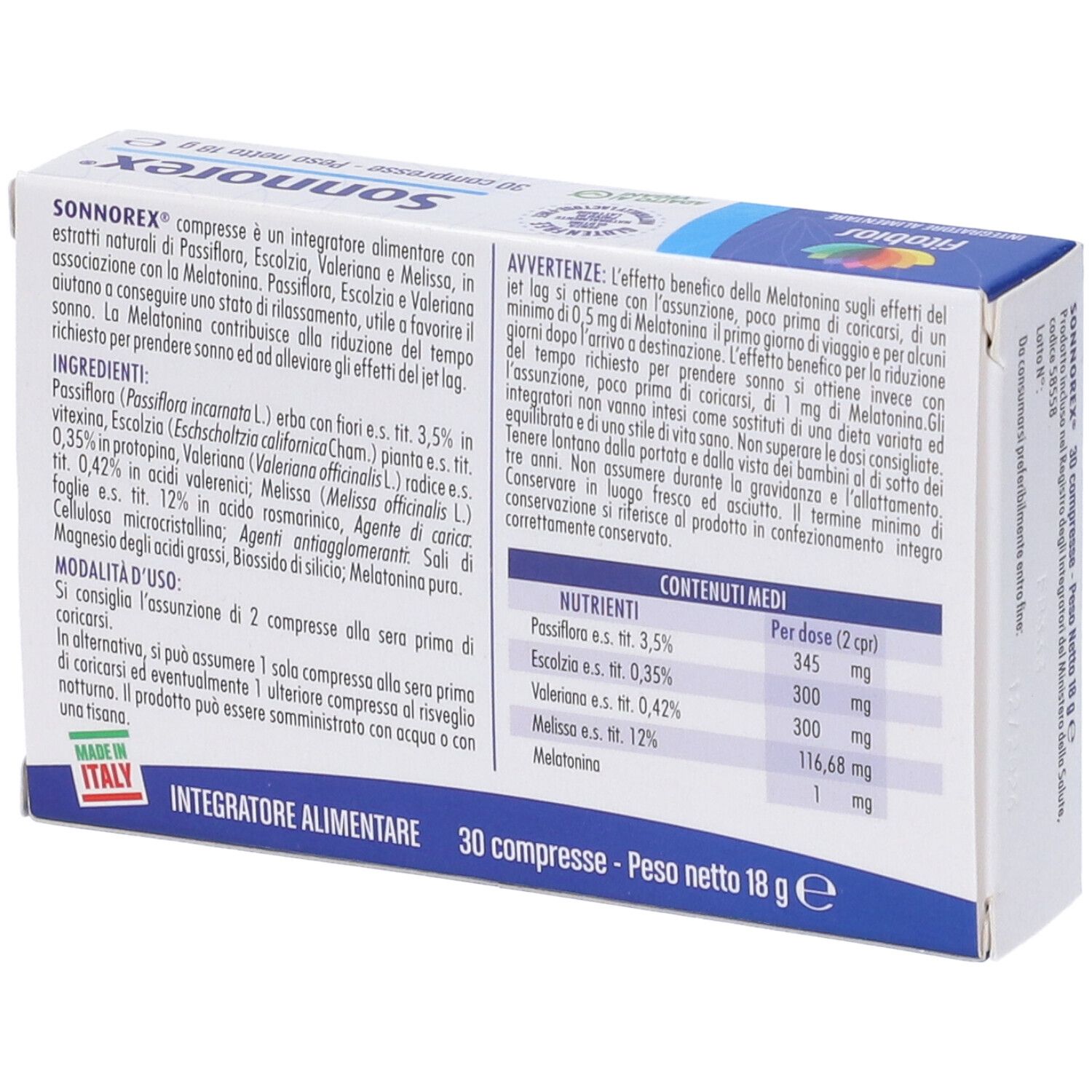Retro della confezione di compresse Sonnorex. Contiene informazioni sugli ingredienti e i valori nutrizionali. Prodotto in Italia.