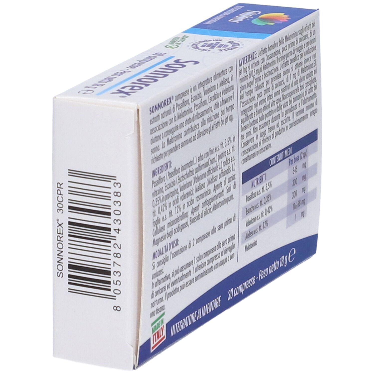 Confezione angolata di compresse Sonnorex. Retro con ingredienti e valori nutrizionali. Prodotto in Italia.