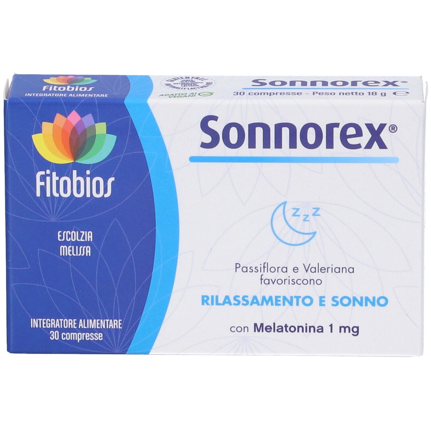 Vista frontale della confezione di compresse Sonnorex. Scritto: Passiflora e Valeriana favoriscono il rilassamento e il sonno. Contiene Melatonina 1 mg.