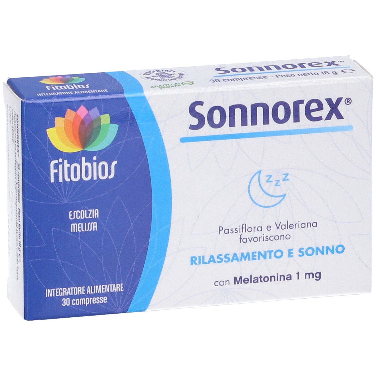 Vista frontale della confezione di compresse Sonnorex. Scritto: Passiflora e Valeriana favoriscono il rilassamento e il sonno. Contiene Melatonina 1 mg.