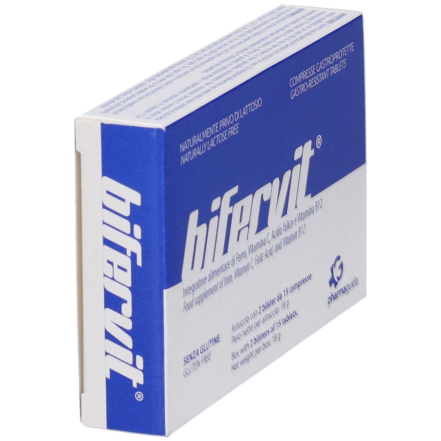 Scatola "bifervit®" in prospettiva. Confezione blu e bianca. Testo: "Senza glutine", "Senza lattosio".