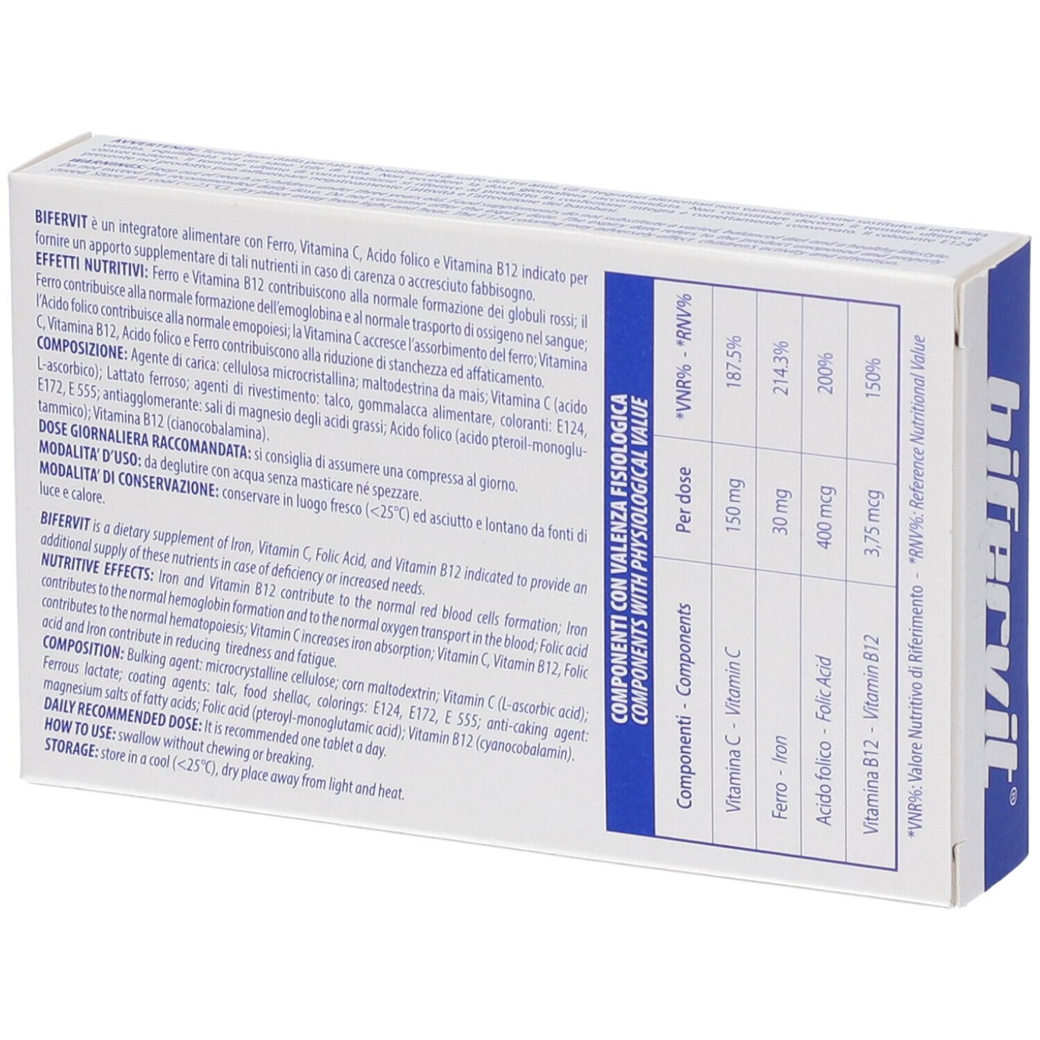 Retro della scatola "bifervit®". Testo con ingredienti e informazioni nutrizionali. Confezione bianca.