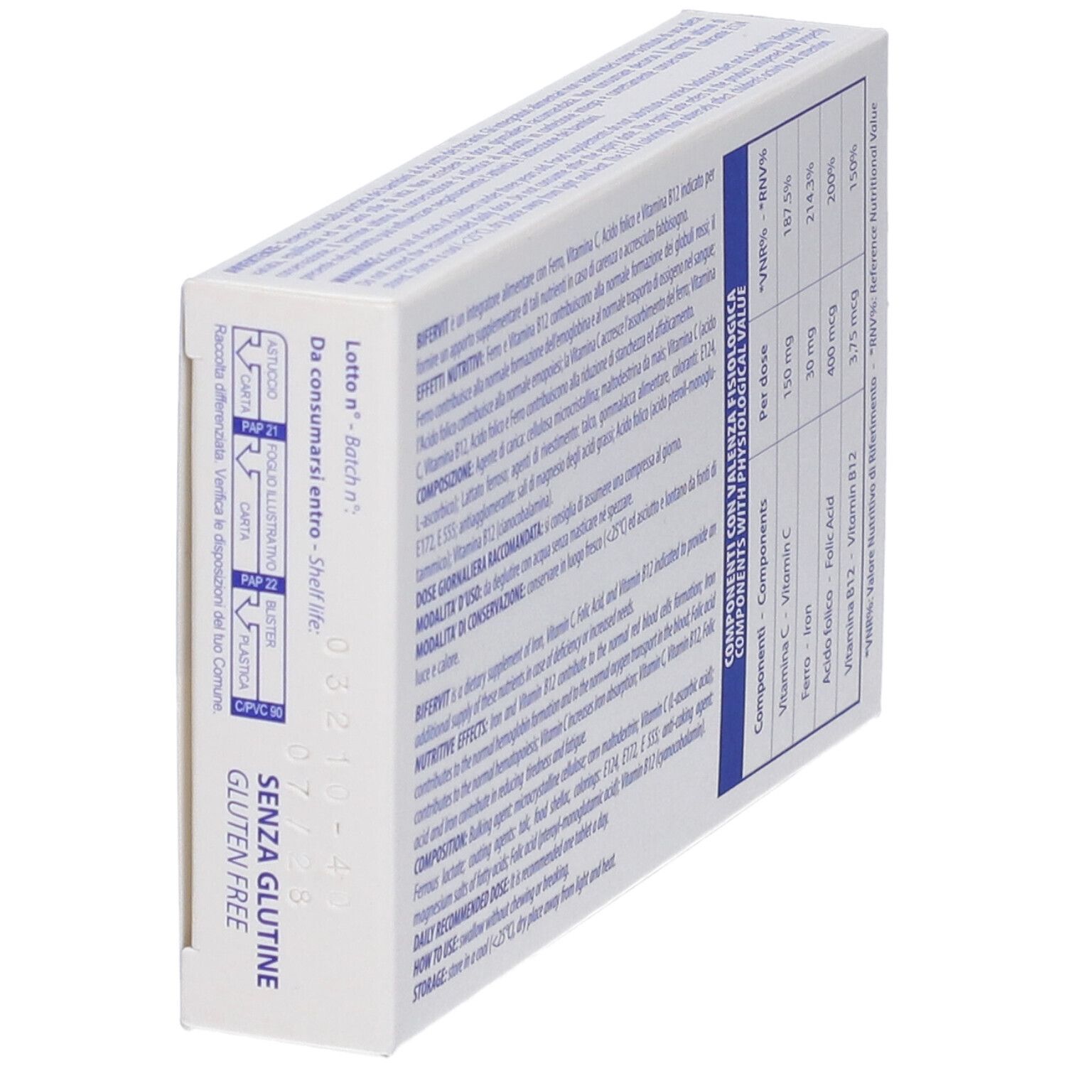 Retro della scatola "bifervit®". Testo e numero di lotto. Confezione bianca.