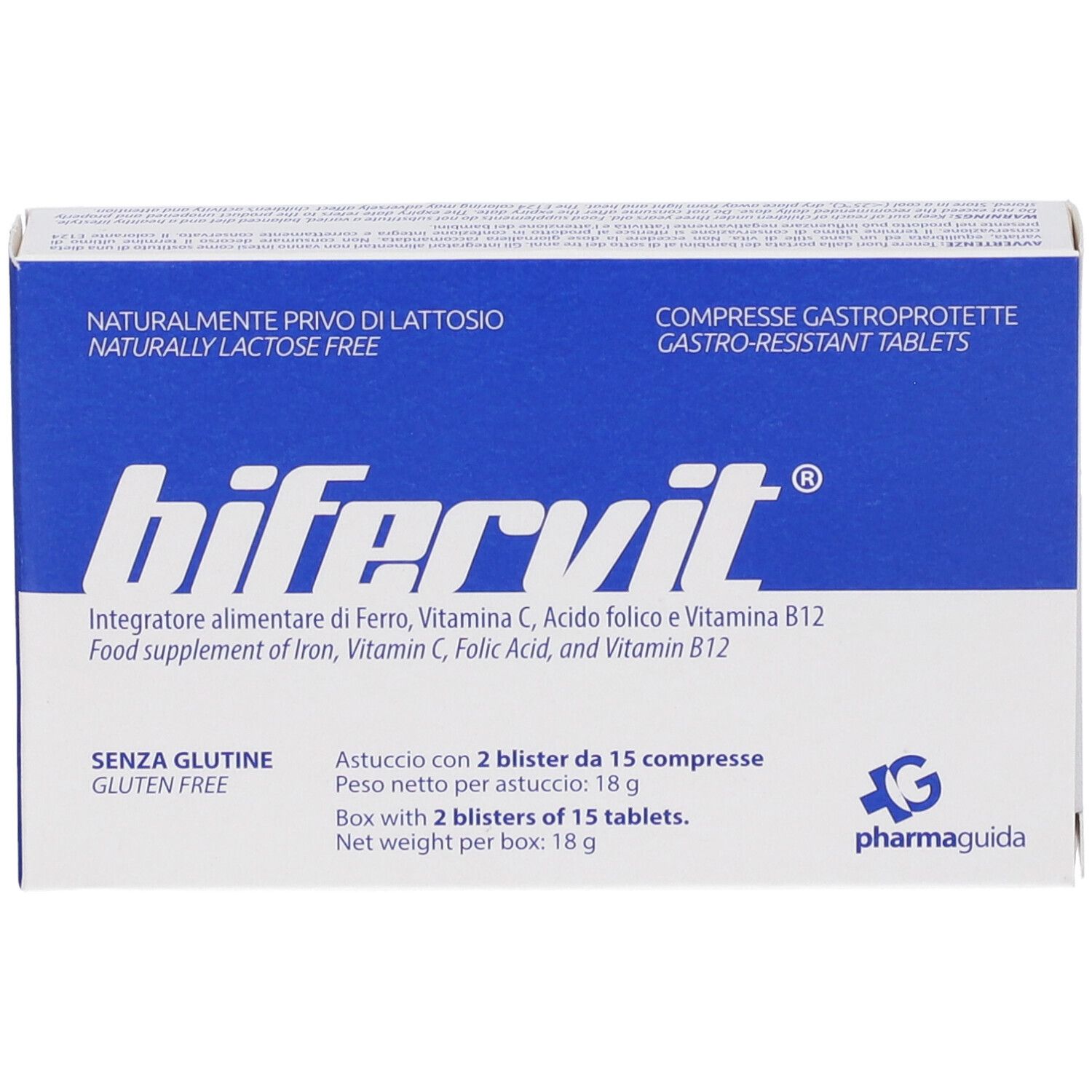 Fronte della scatola "bifervit®". Confezione blu e bianca. Testo: "Senza glutine", "Senza lattosio".