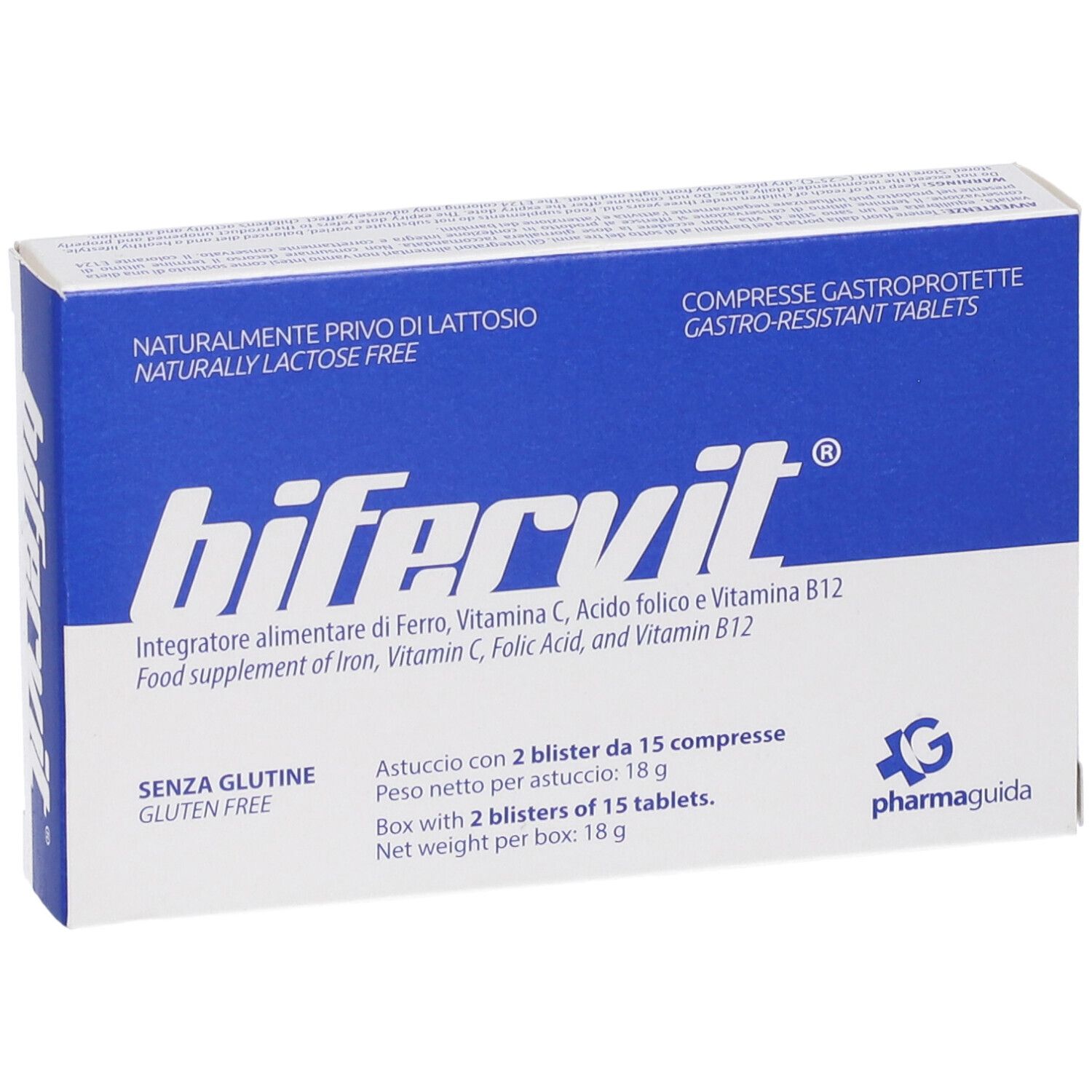 Fronte della scatola "bifervit®". Confezione blu e bianca. Testo: "Senza glutine", "Senza lattosio".