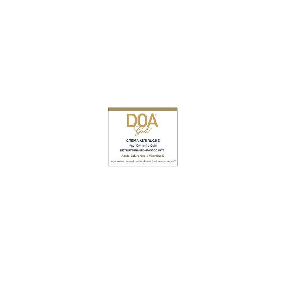 Confezione prodotto con logo "DOA Gold". Testo: "CREMA ANTIRUGHE", "Viso, Contorni e Occhi", "Ristrutturante - Rassodante".