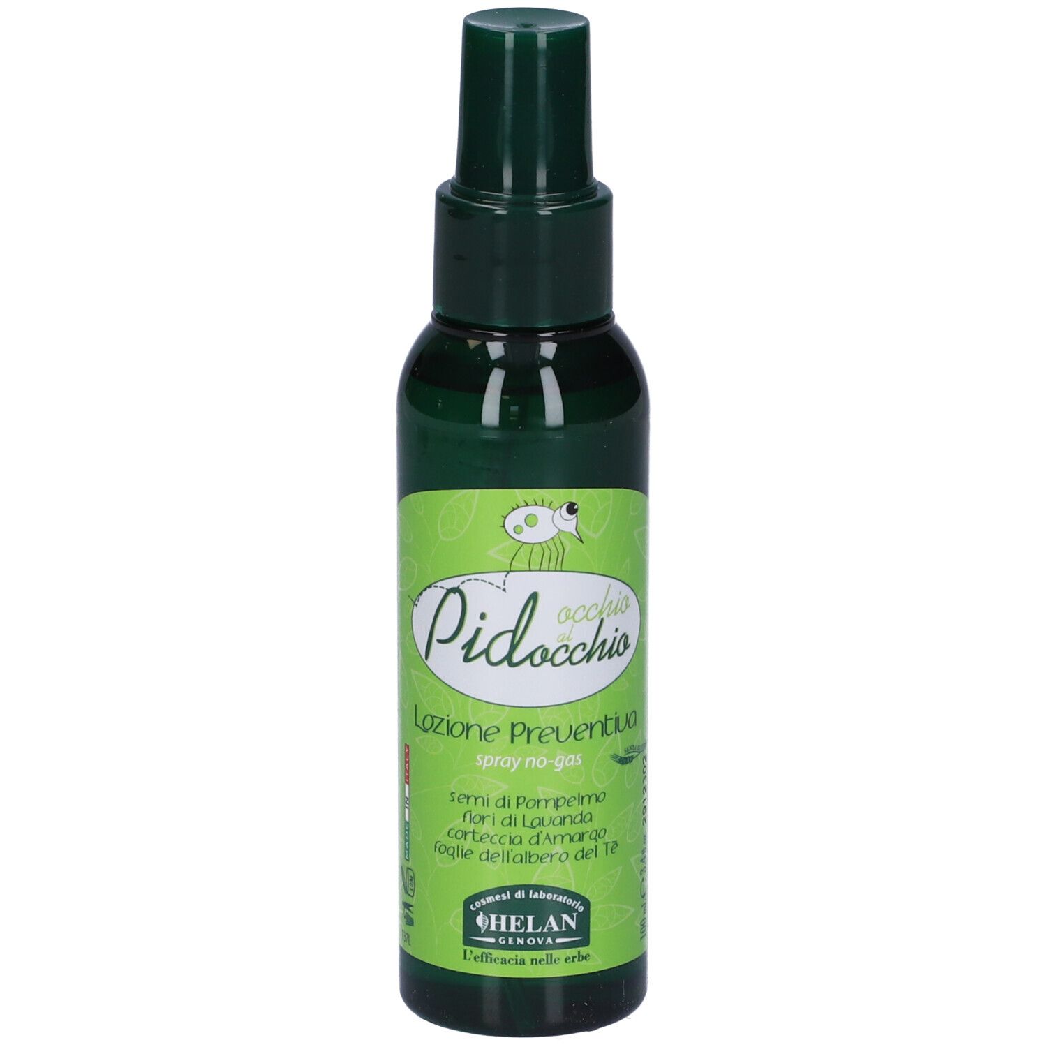 Flacone spray verde. Scritta: Occhio al Pidocchio, Lozione Preventiva. Marchio: Helan.