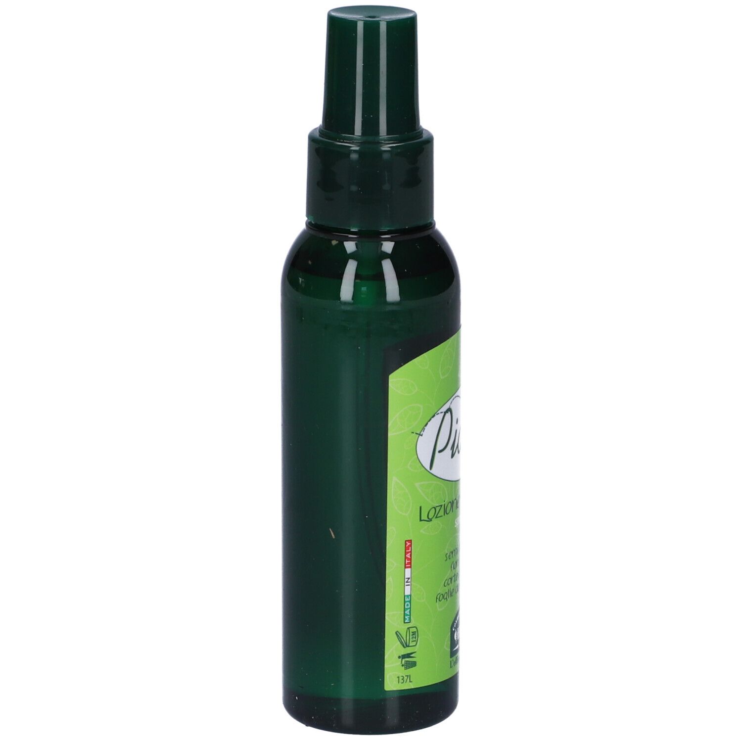 Flacone spray verde. Scritta: Occhio al Pidocchio, Lozione Preventiva. Marchio: Helan.