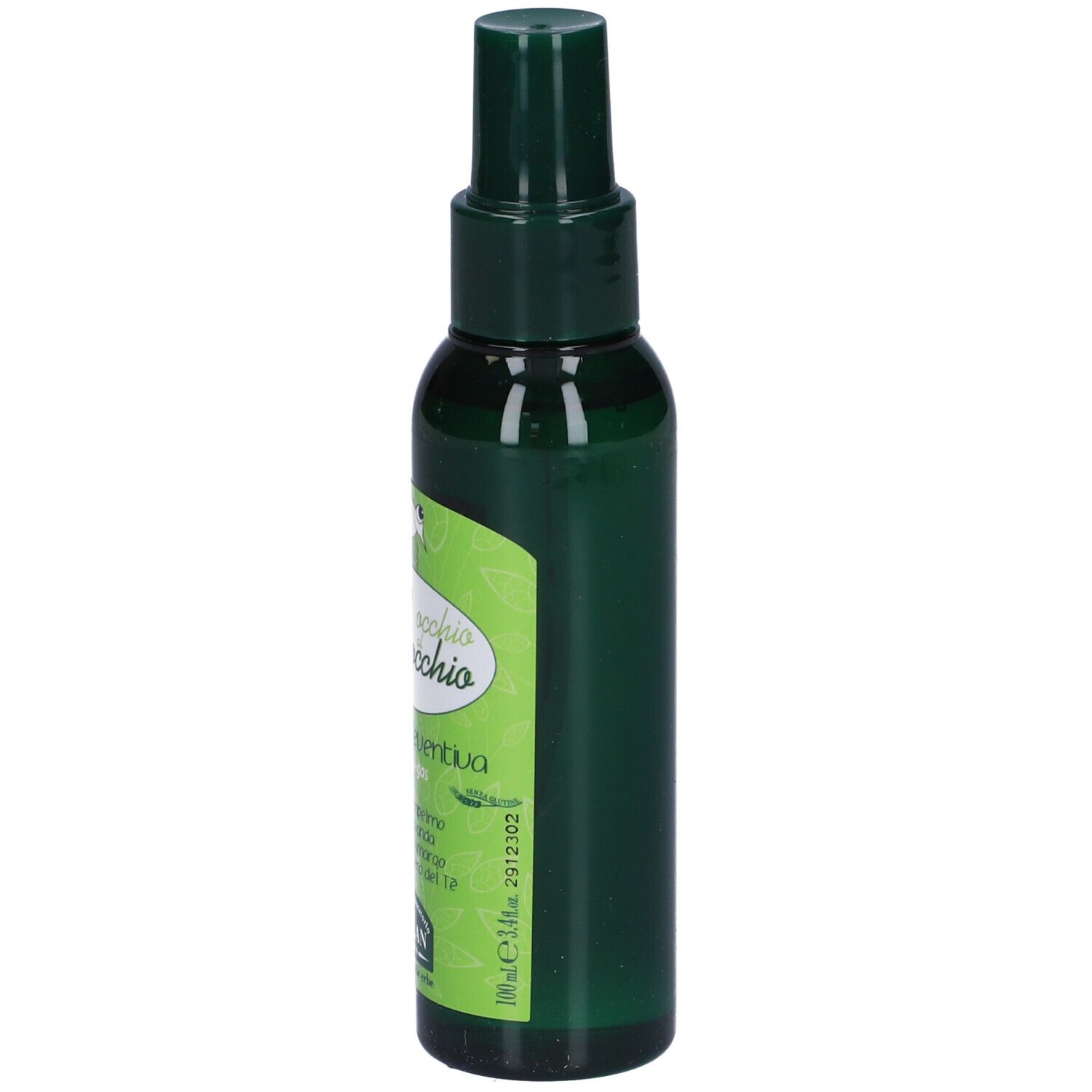 Flacone spray verde. Scritta: Occhio al Pidocchio, Lozione Preventiva. Marchio: Helan.