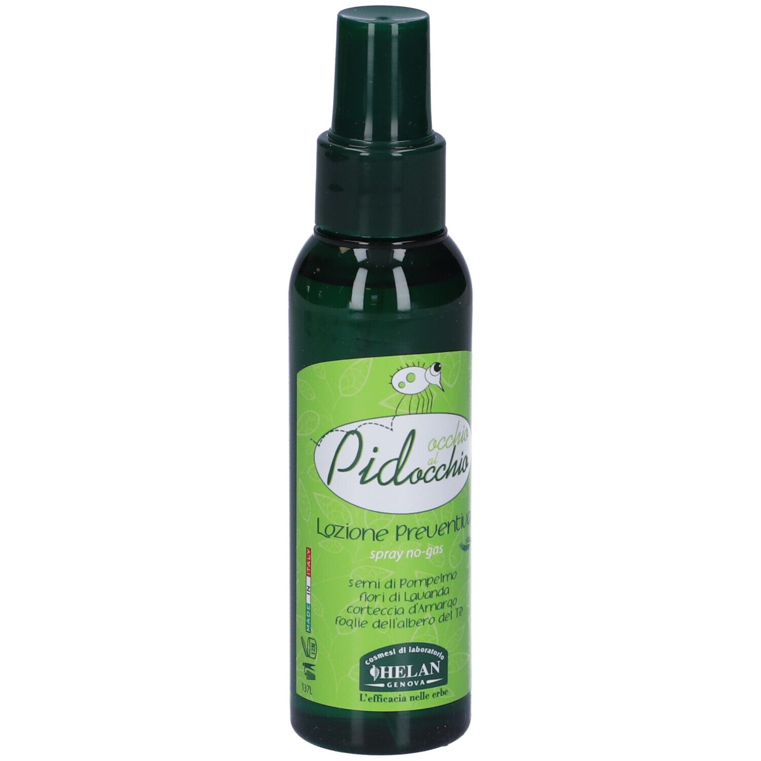 Flacone spray verde. Scritta: Occhio al Pidocchio, Lozione Preventiva. Marchio: Helan.