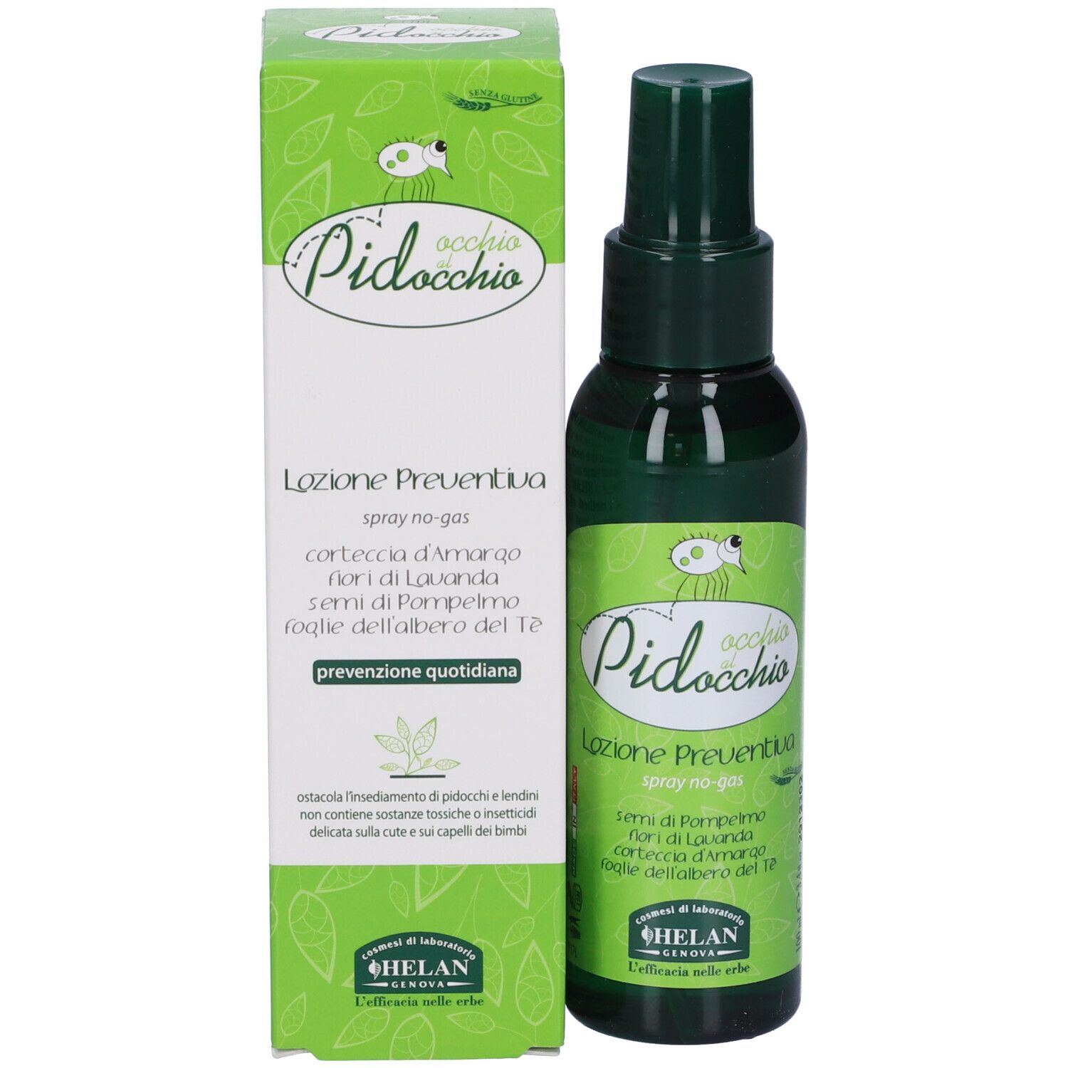 Flacone spray verde e scatola. Scritta: Occhio al Pidocchio, Lozione Preventiva. Marchio: Helan.