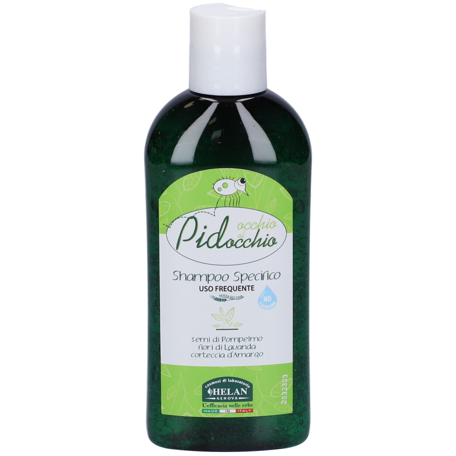 Flacone verde con tappo bianco. Scritto: Occhio al Pidocchio Shampoo Specifico. Con liquido verde.