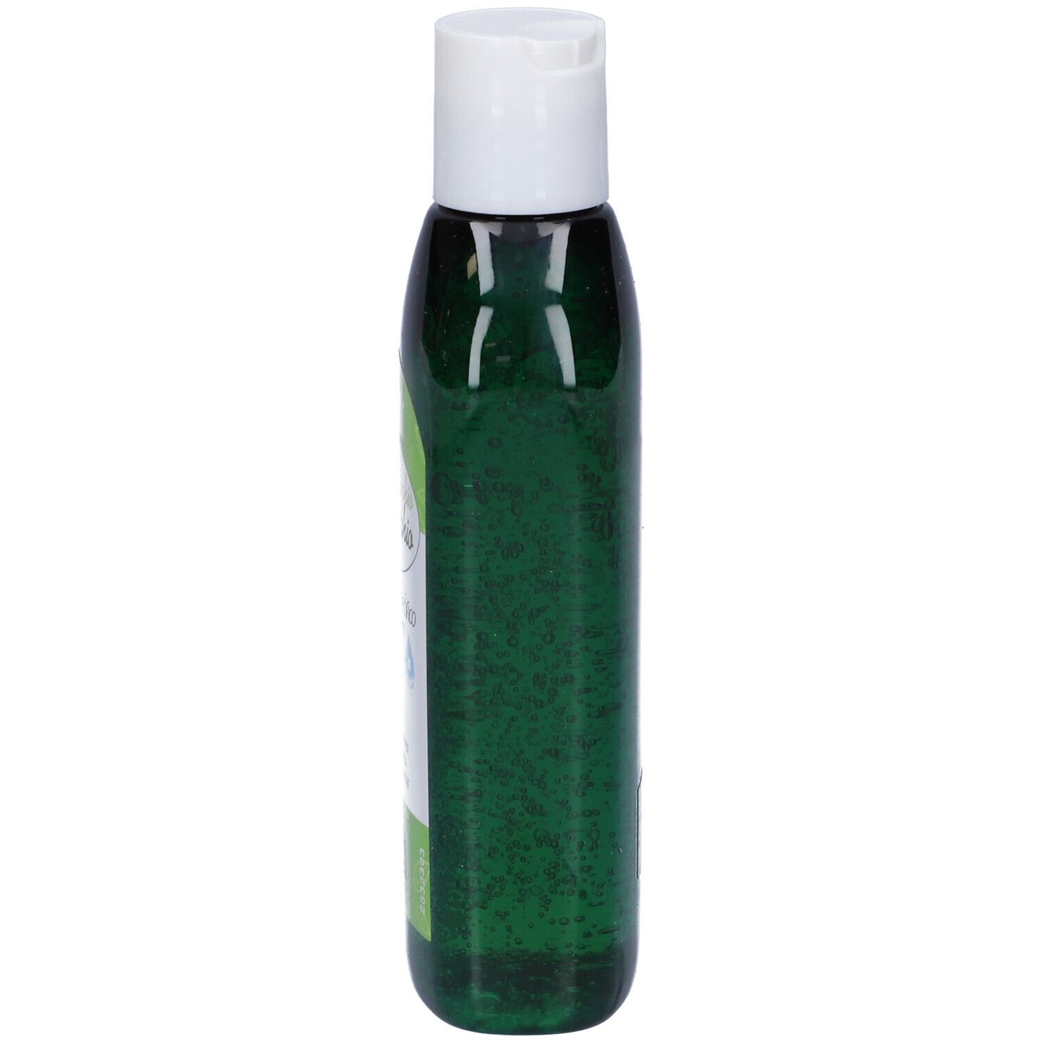 Flacone verde con tappo bianco. Scritto: Occhio al Pidocchio Shampoo Specifico. Con liquido verde.