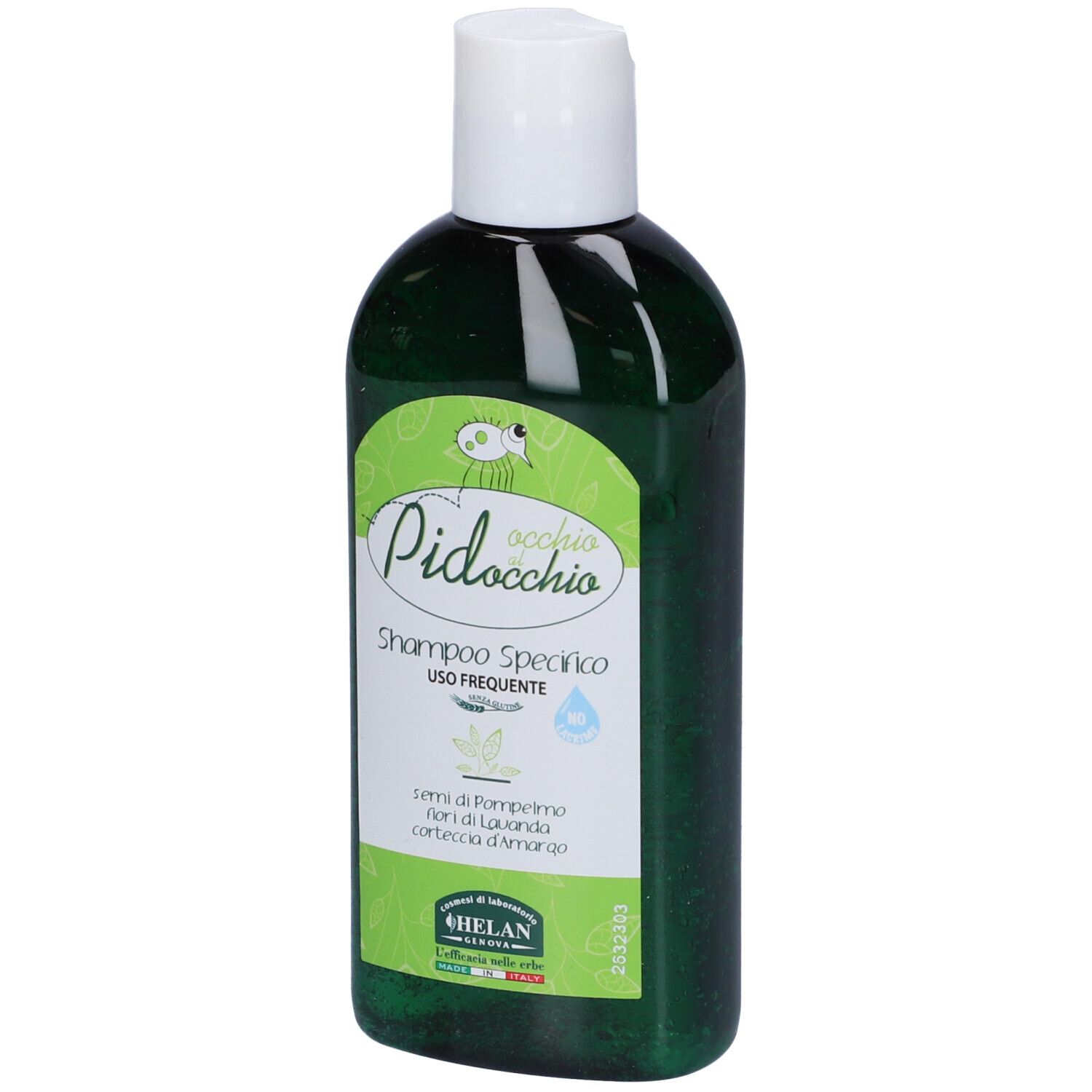 Flacone verde con tappo bianco. Scritto: Occhio al Pidocchio Shampoo Specifico. Con liquido verde.