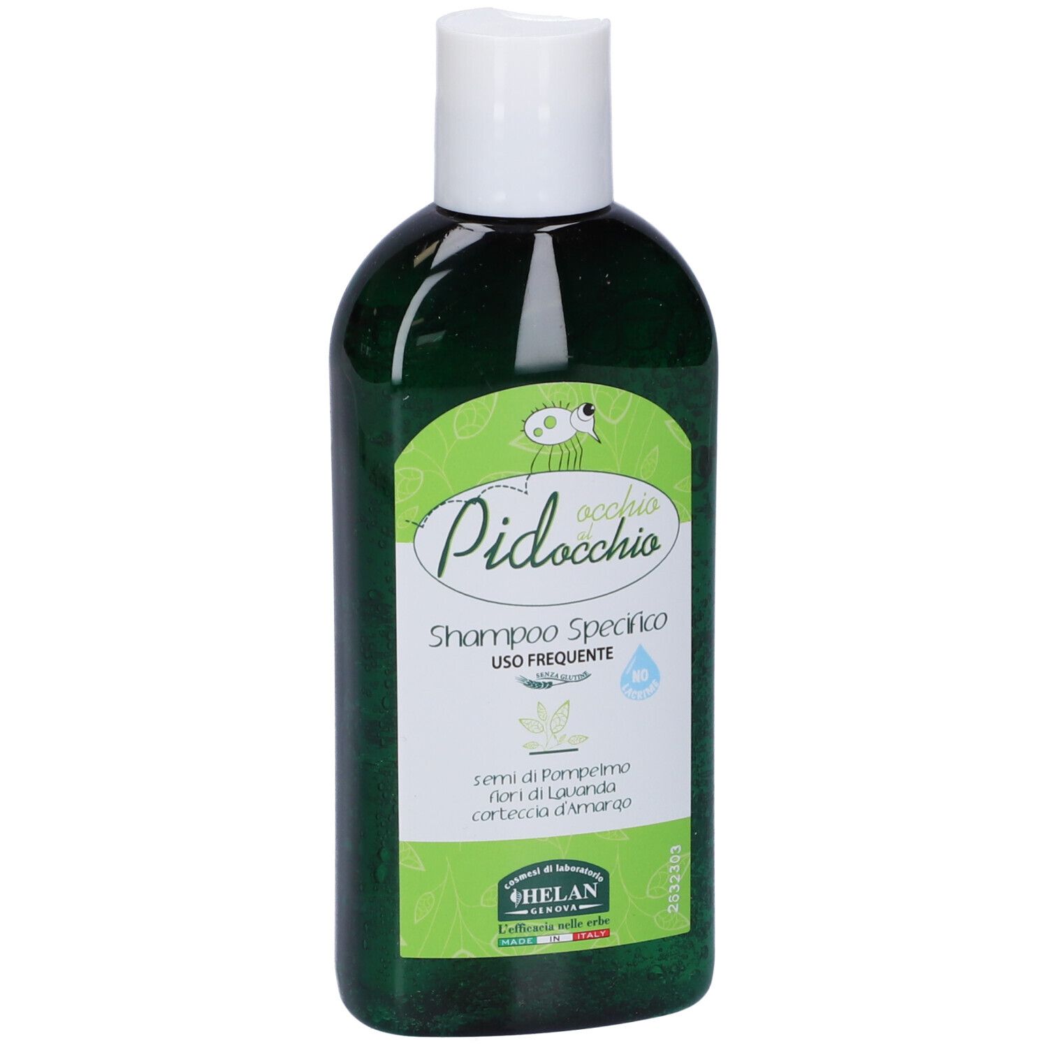 Flacone verde con tappo bianco. Scritto: Occhio al Pidocchio Shampoo Specifico. Con liquido verde.