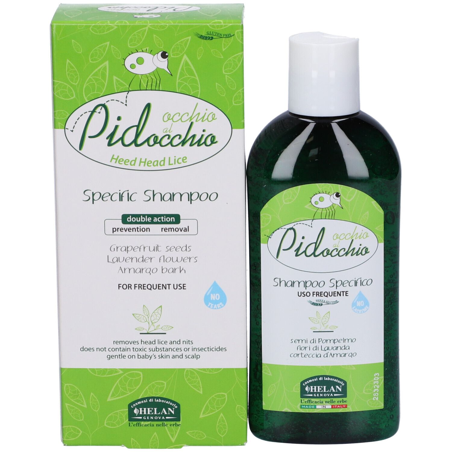 Flacone e scatola verdi. Scritto: Occhio al Pidocchio Heed Head Lice Specific Shampoo. Con tappo bianco.