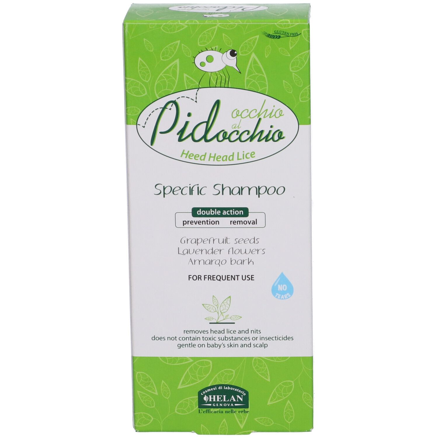 Scatola verde. Scritto: Occhio al Pidocchio Heed Head Lice Specific Shampoo. Con foglie verdi.