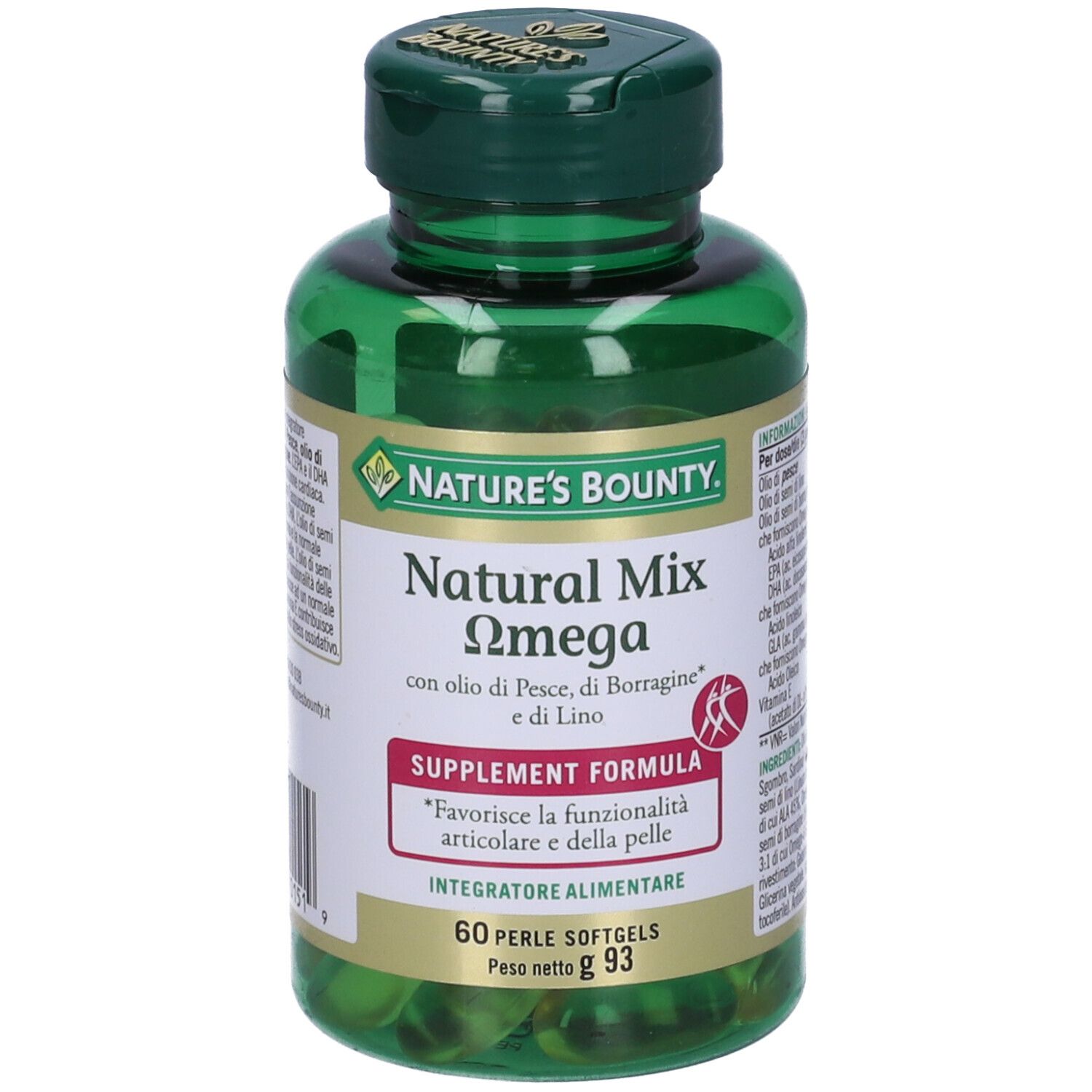 Flacone verde con capsule. L'etichetta riporta "Natural Mix Omega" e "Nature's Bounty".