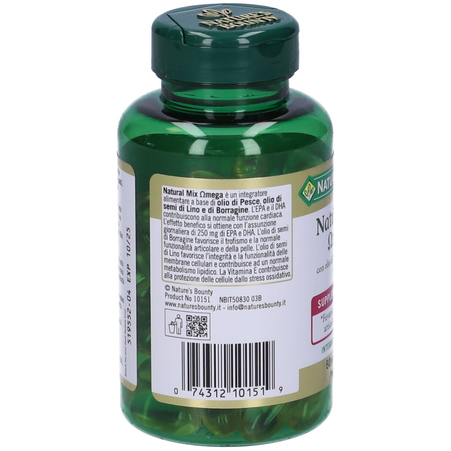 Retro di un flacone verde con capsule. Informazioni testuali e codice a barre.