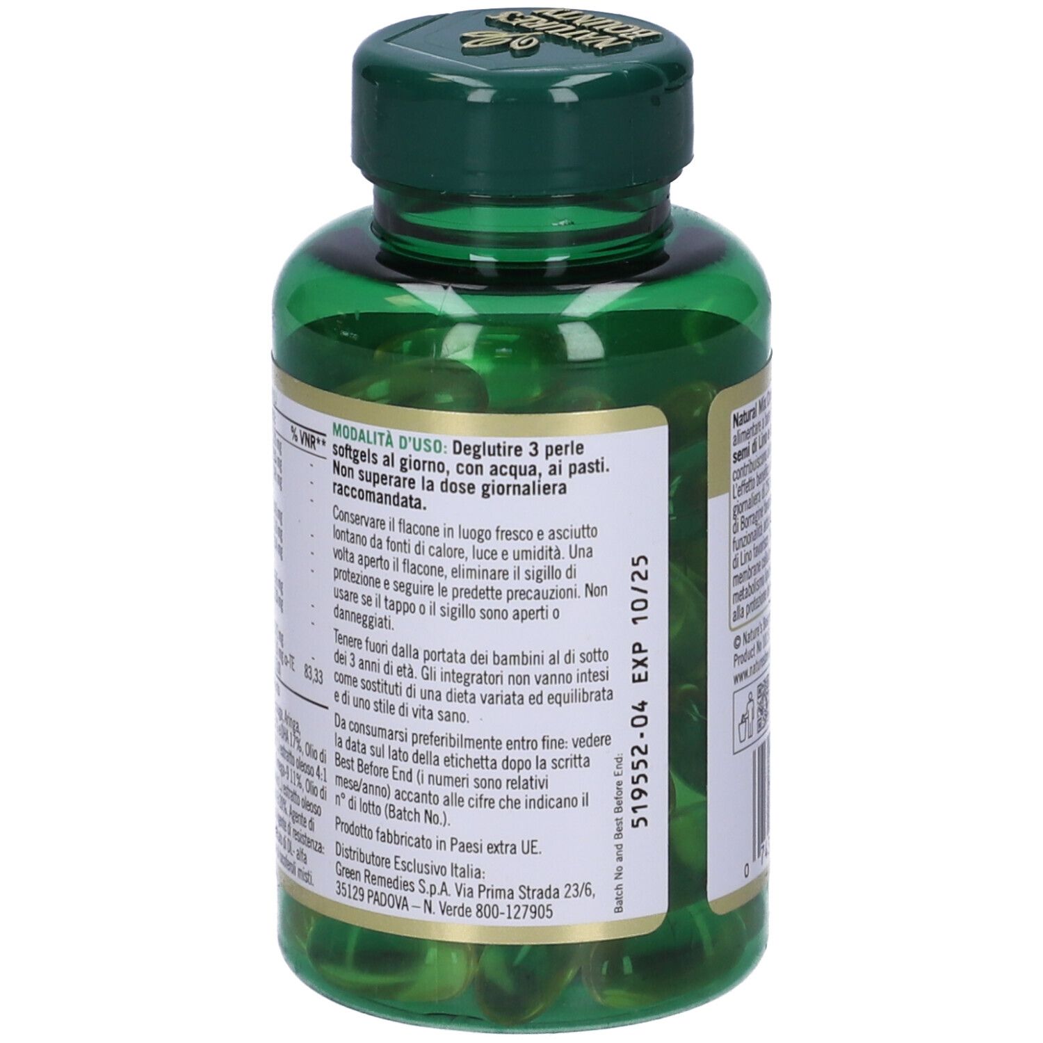 Retro di un flacone verde con capsule. Informazioni testuali e istruzioni per l'uso.